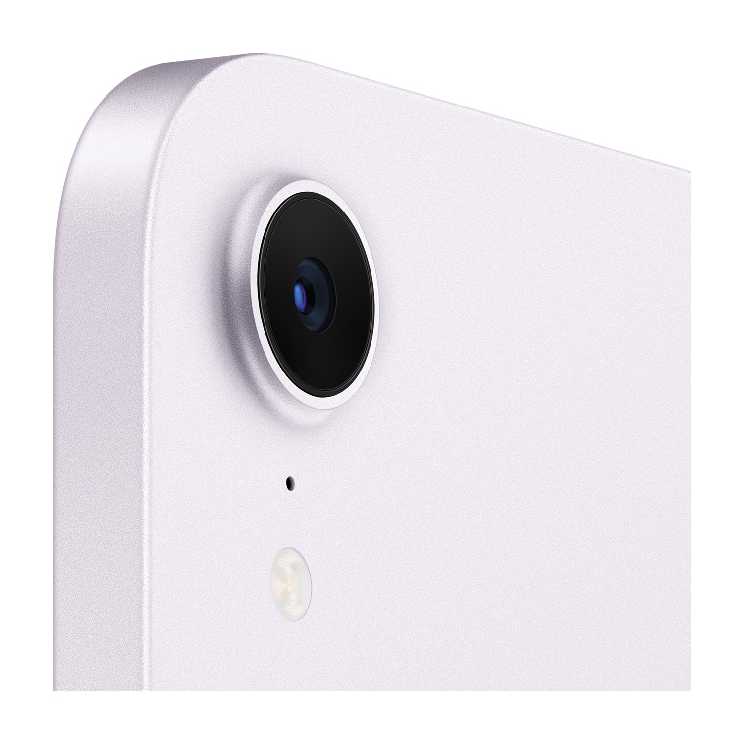 Primo piano della fotocamera del tablet, del flash e della cornice colorata. La fotocamera è nera con bordo argentato.