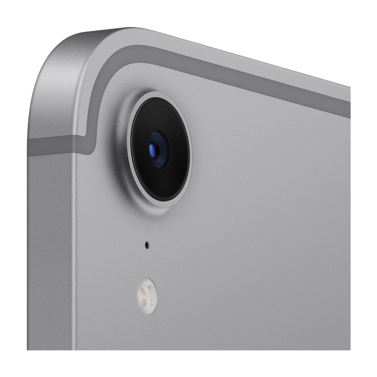 Primo piano della fotocamera di un iPad argento. L'obiettivo della fotocamera e il microfono sono visibili.