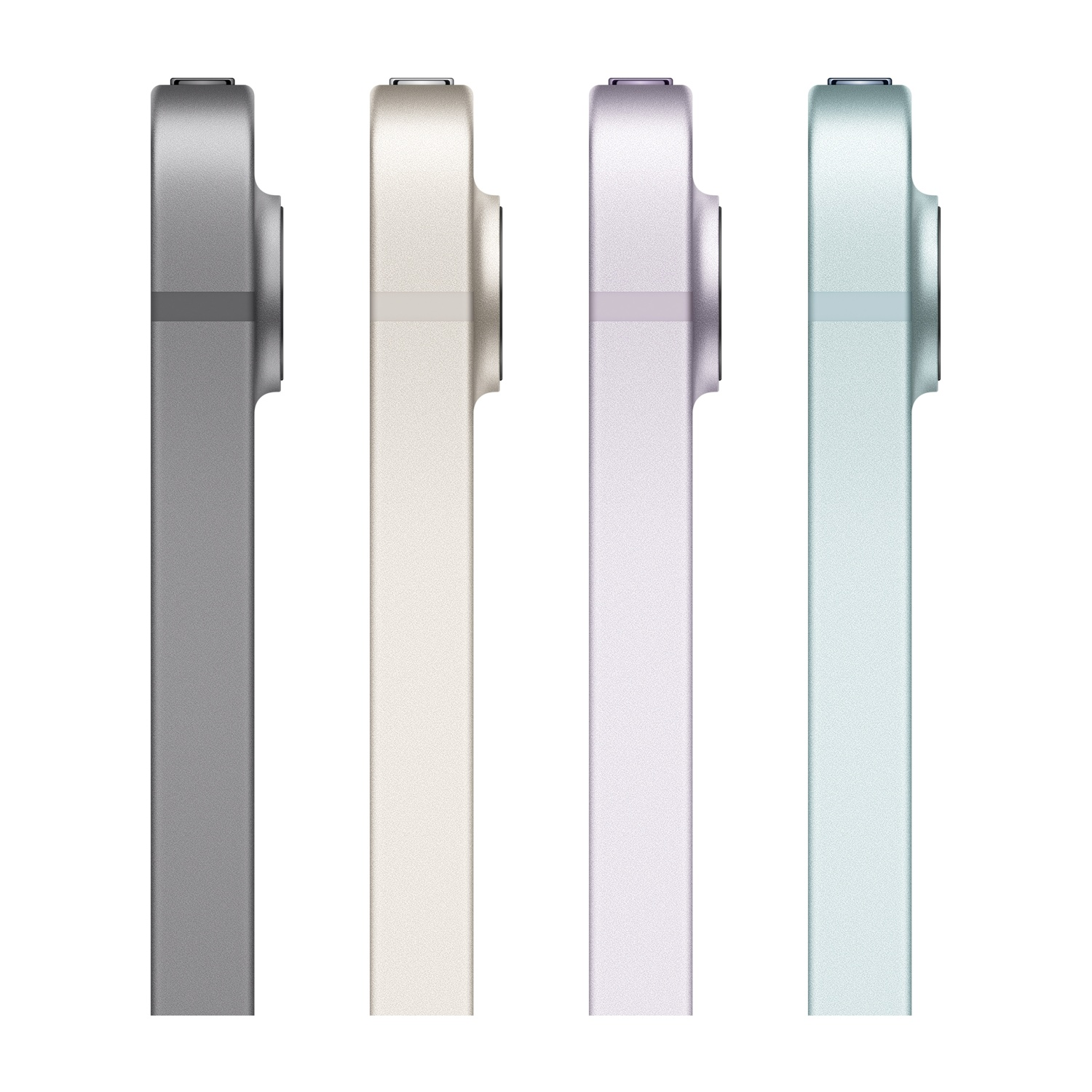 Quattro tablet in argento, beige, viola e verde di lato, su sfondo bianco.
