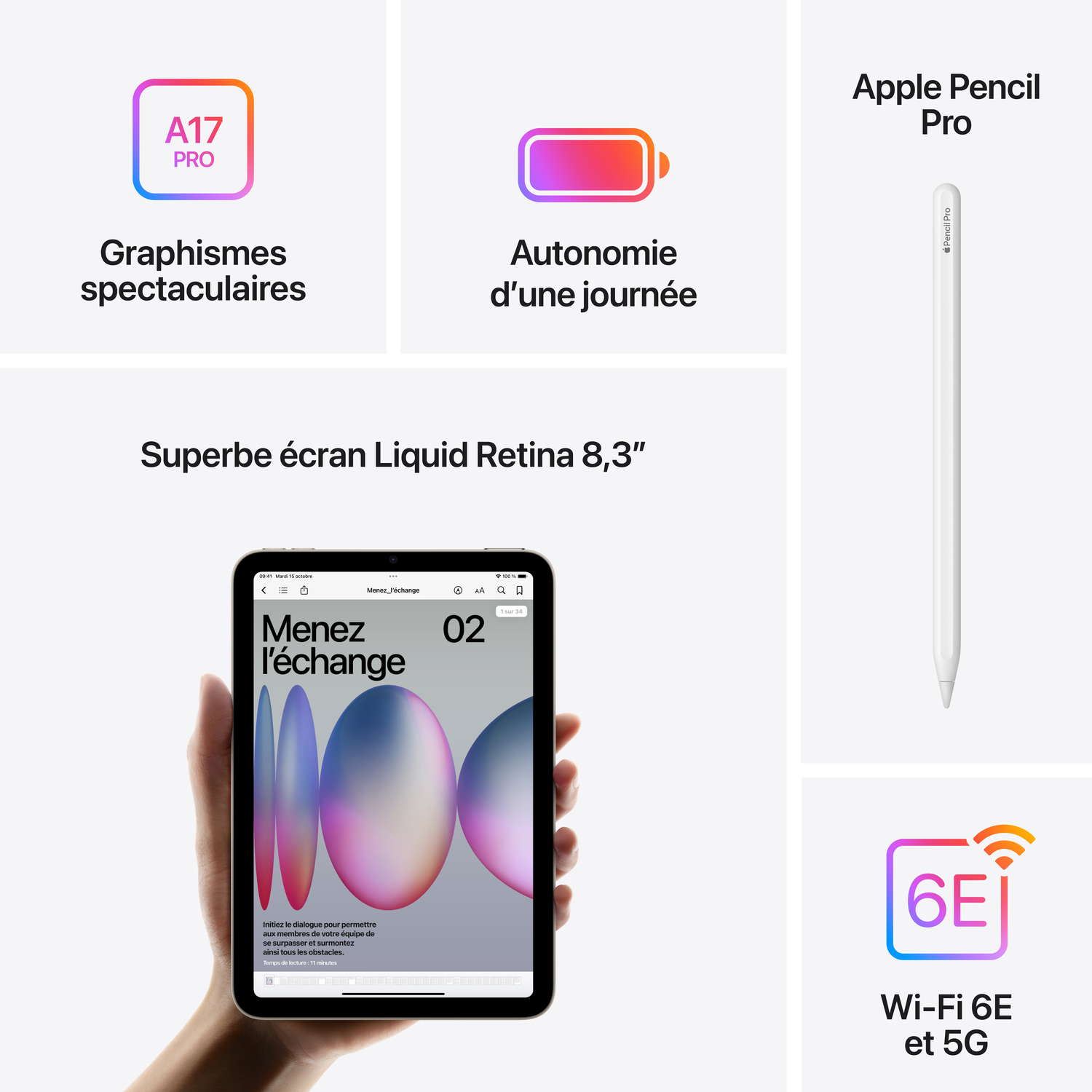 Tablette tenue en main, avec du texte et des icônes. Apple Pencil et autres icônes affichées.