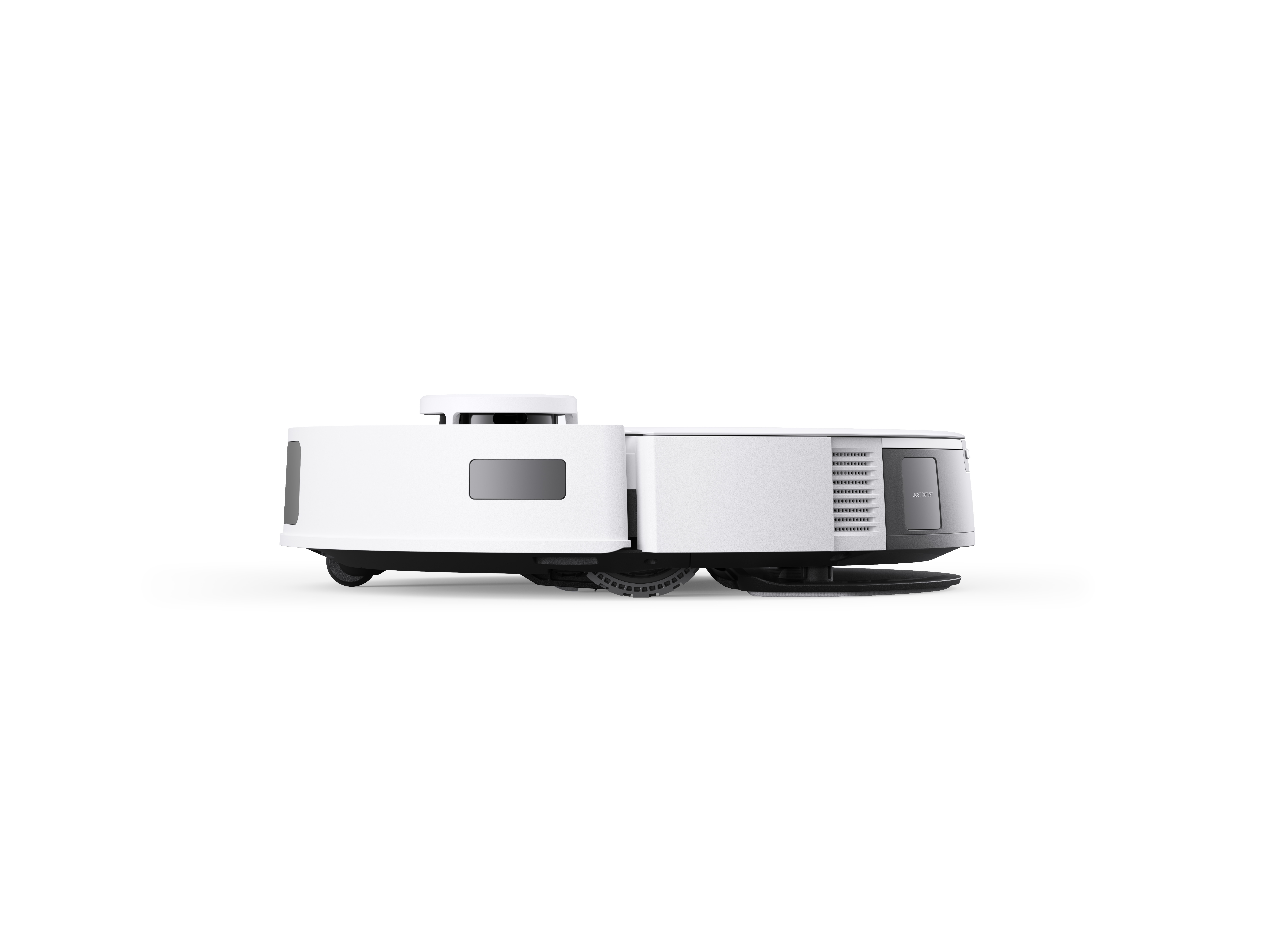 Beyaz robot süpürge. Yan profil görünümü.