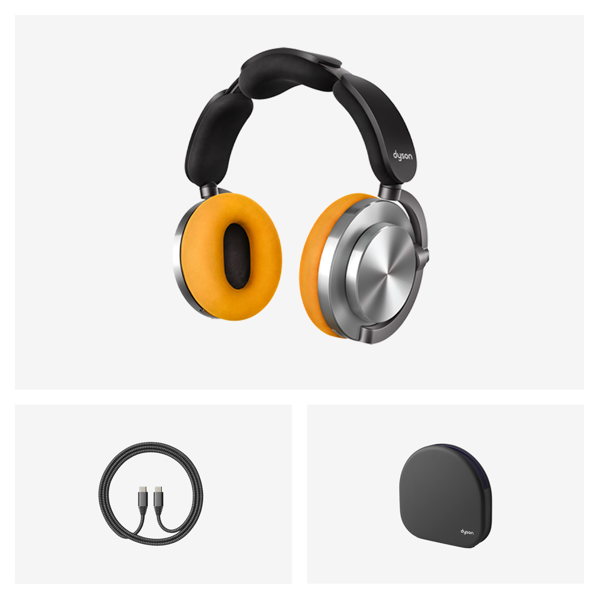 Słuchawki Dyson z pomarańczowymi nausznikami, kablem ładującym i etui.