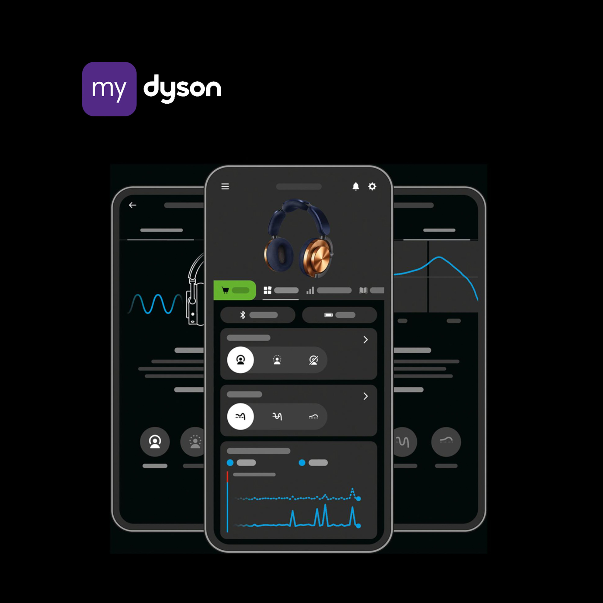 Trzy smartfony wyświetlają interfejs aplikacji My Dyson, prezentując słuchawki i ustawienia.