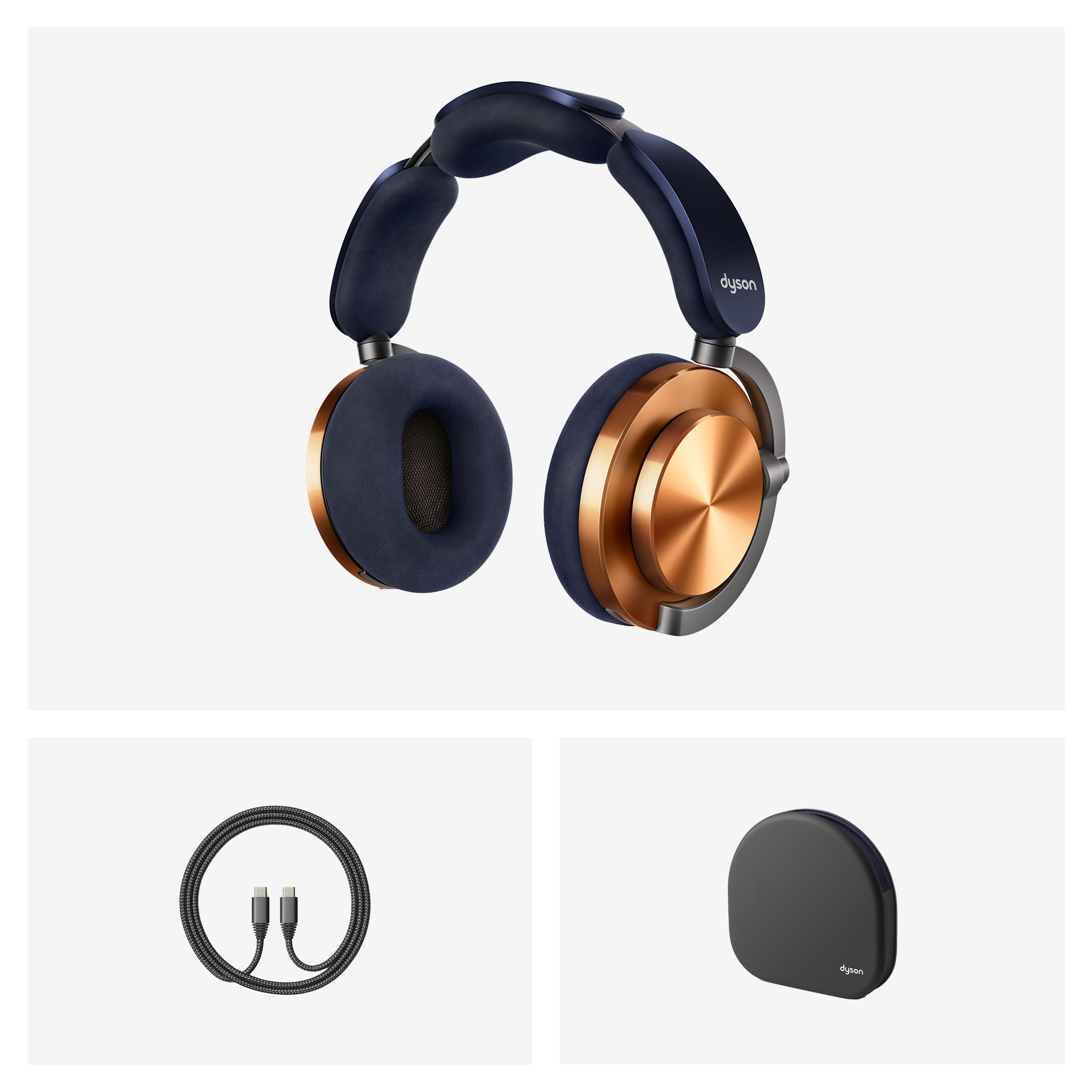 Słuchawki Dyson w kolorze niebieskim i miedzianym, z kablem ładującym i etui.