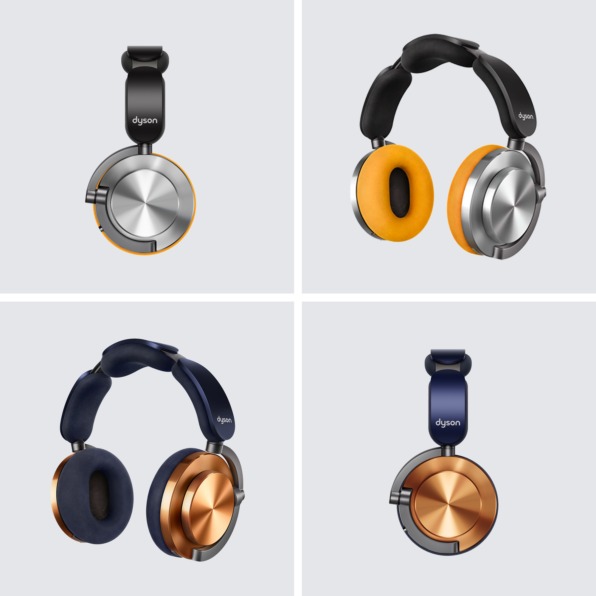 Cztery słuchawki Dyson w różnych kolorach: srebrny/pomarańczowy, srebrny/żółty, miedziany/granatowy, miedziany/niebieski.