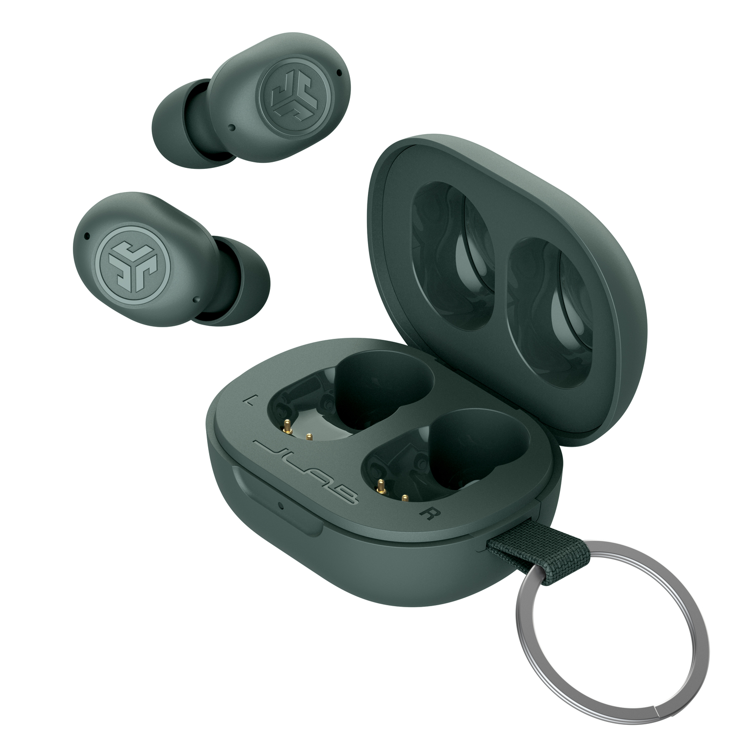 Groene draadloze oordopjes, hoesje en oplaadopstelling op een witte achtergrond.