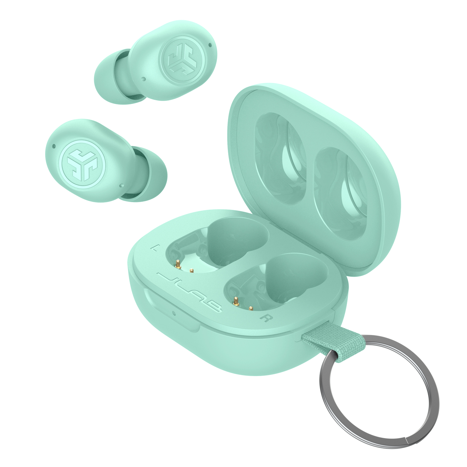 Mintgroene draadloze oordopjes, etui met open deksel en sleutelhanger.