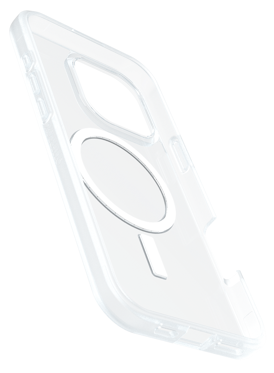 Egy átlátszó telefontok fehér MagSafe körrel és negatív jellel belül.