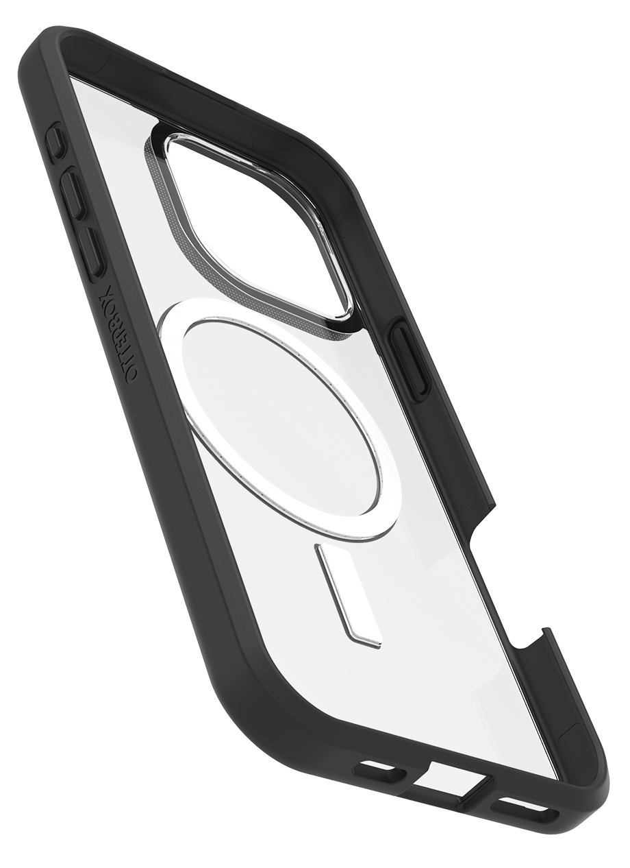 Átlátszó telefontok fekete kerettel és MagSafe körrel, ferde nézetben.