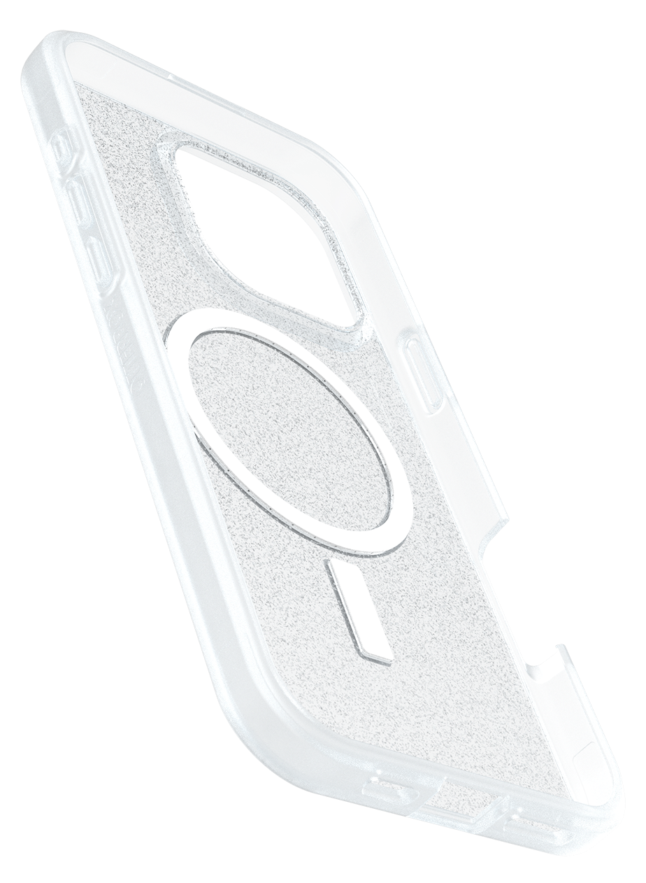 Átlátszó telefontok. Kivágása van a kamerának és egy MagSafe kör. A tok enyhén szögben áll.