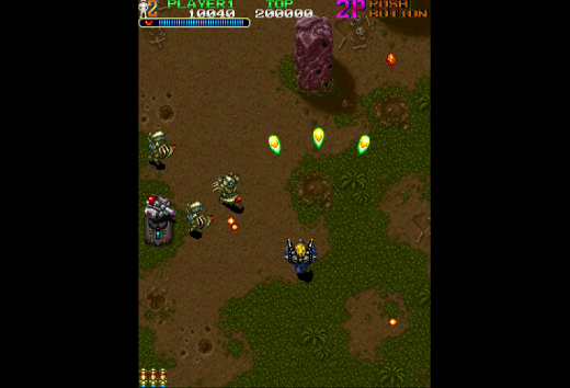 Screenshot aus einem Top-Down-Shooter-Spiel. Die Szene zeigt einen Spieler, der auf Feinde schießt.