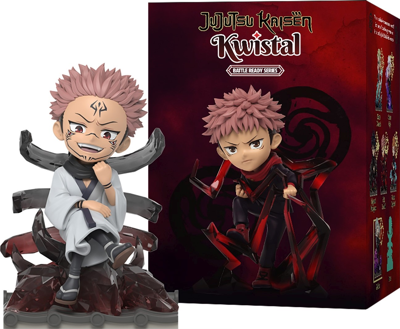 Un ensemble de figurines Jujutsu Kaisen Kwistal avec deux figurines dans une boîte.