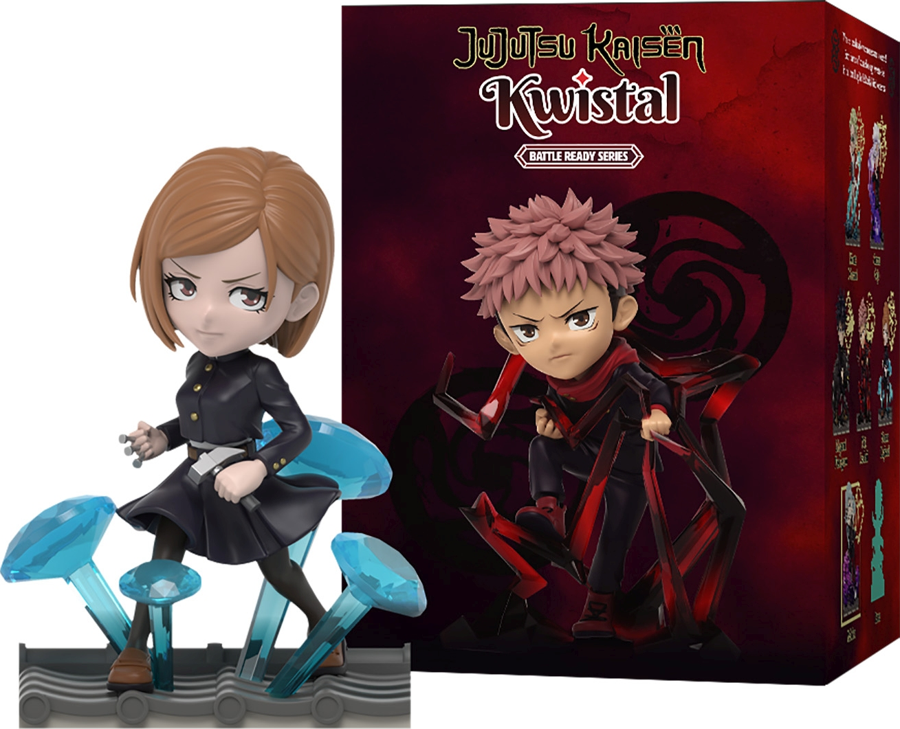 Deux figurines Jujutsu Kaisen, une femme et un homme, près d'une boîte de produit.