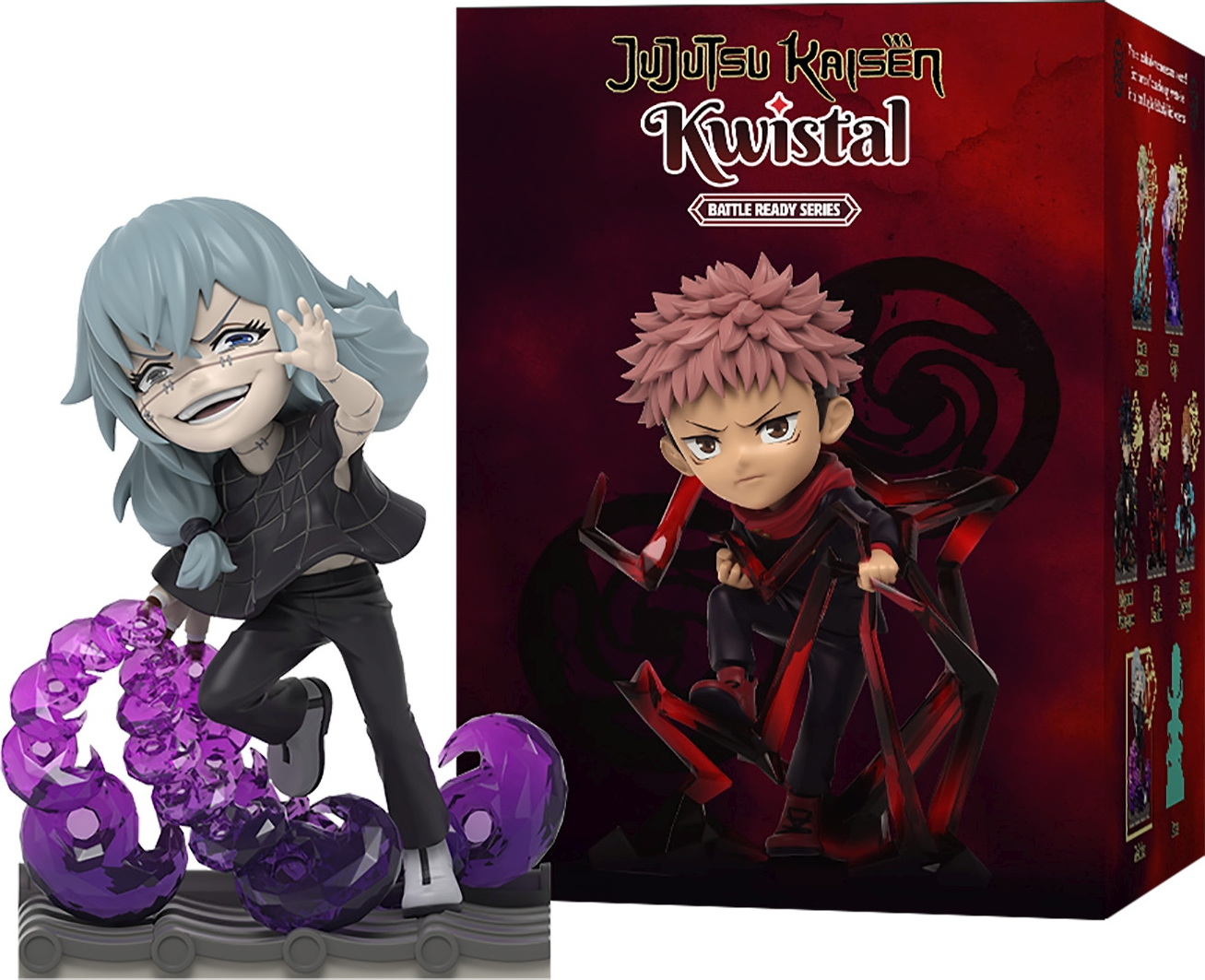 Figurines de personnages de 'Jujutsu Kaisen'. Une figurine est une fille avec une cicatrice, l'autre est un garçon.