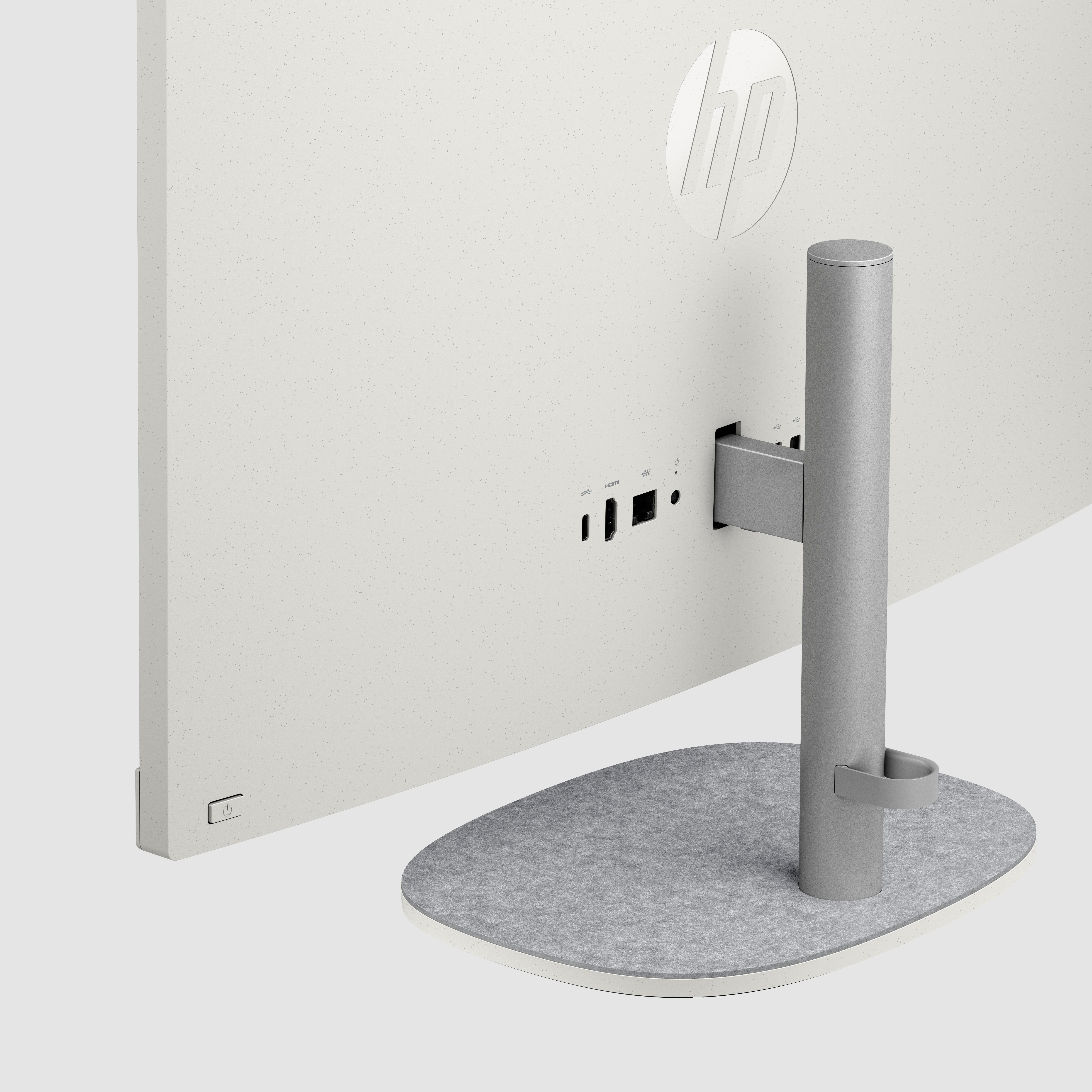 Weiß-grauer Computermonitor mit Ständer und Anschlüssen auf der Rückseite.