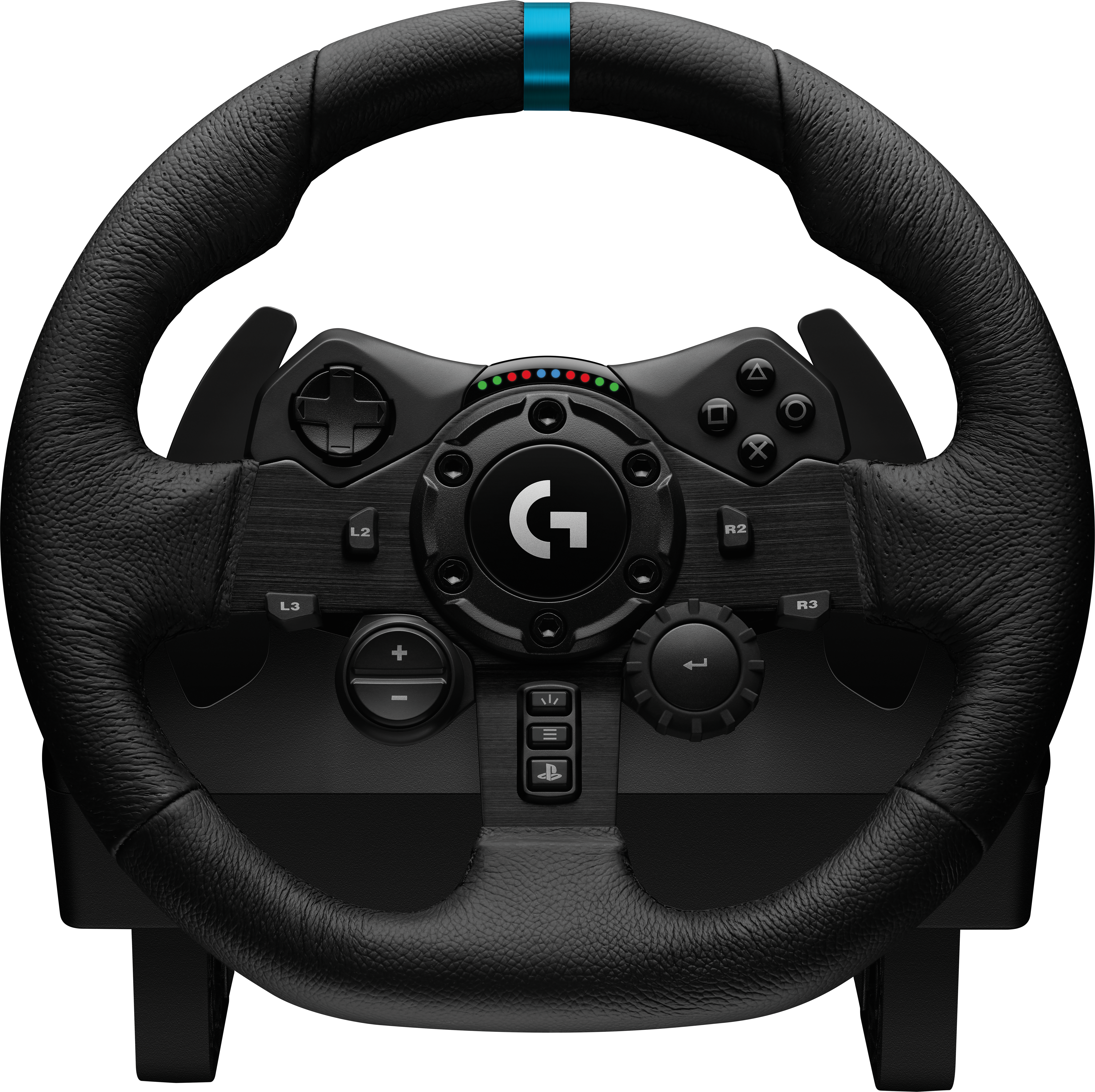 Schwarzes Gaming-Lenkrad. Mit Knöpfen, Paddles und einem zentralen Logo. Lederartiger Griff.