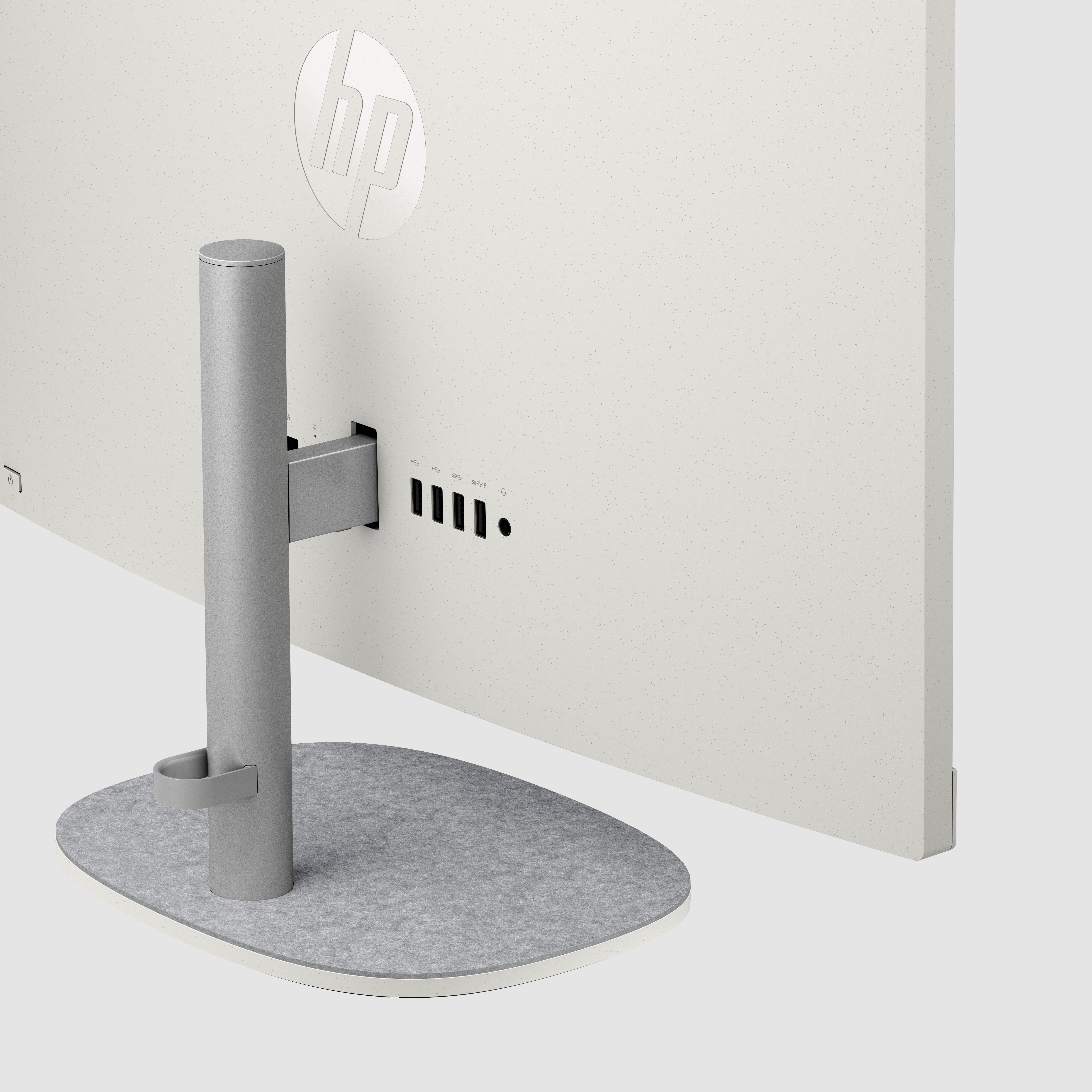 Rückseite eines HP-Monitors mit grauem Ständer und Anschlüssen auf weißem Hintergrund.