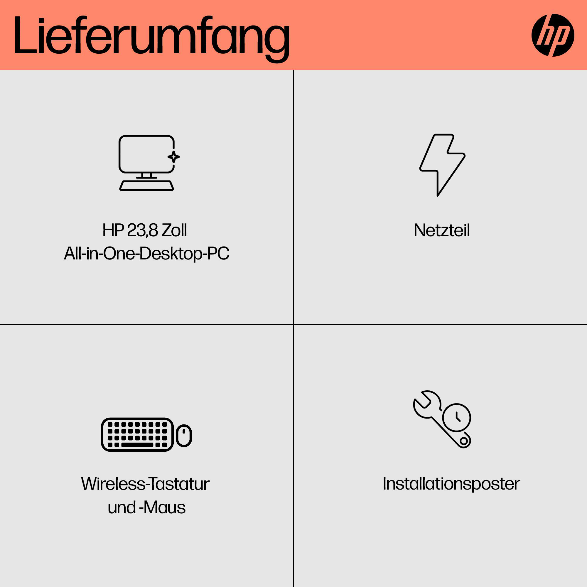 HP All-in-One-Desktop-Komponenten: Desktop, Netzteil, Tastatur, Poster.