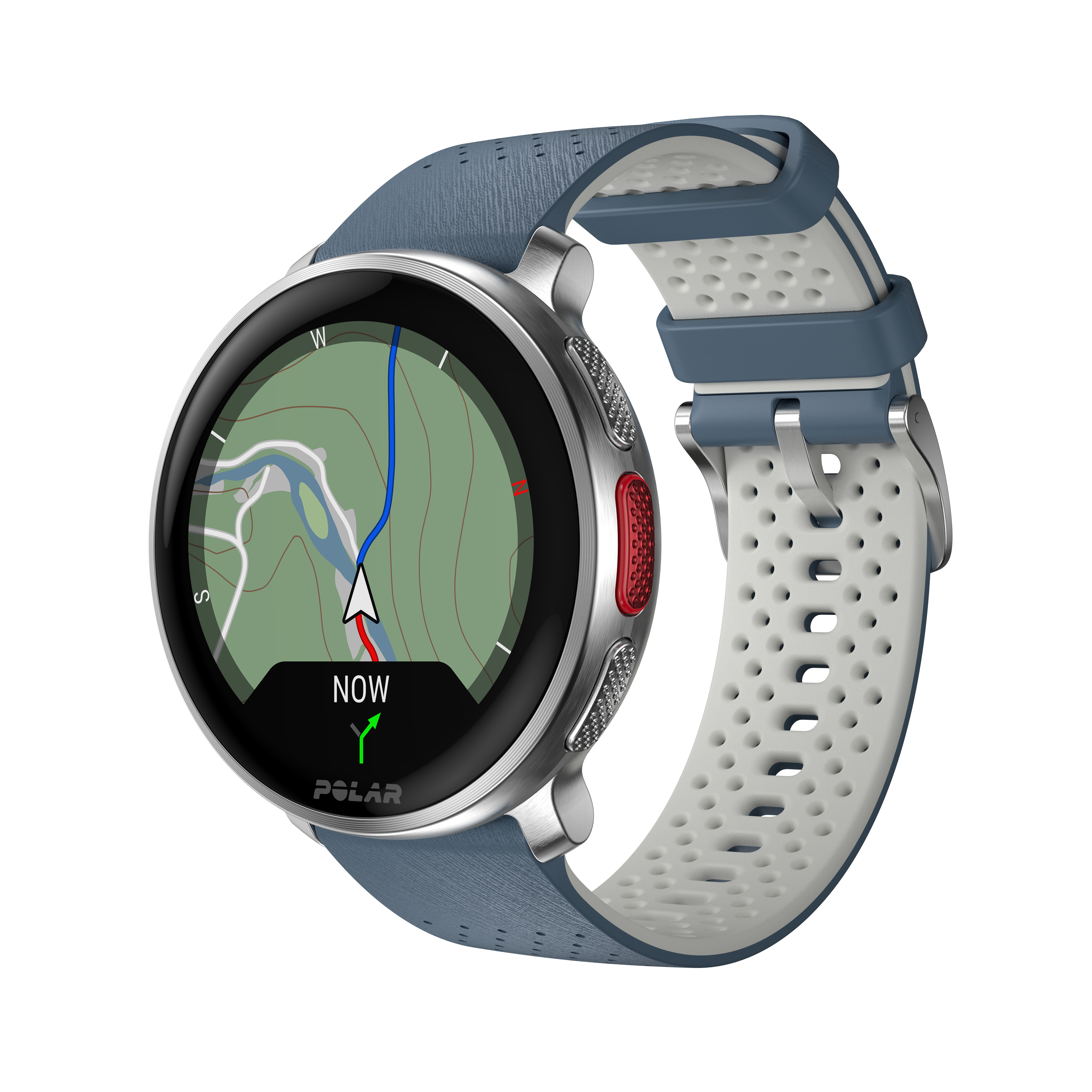Eine silberne und blaue Smartwatch zeigt eine Karte mit Route und Navigationspfeil.