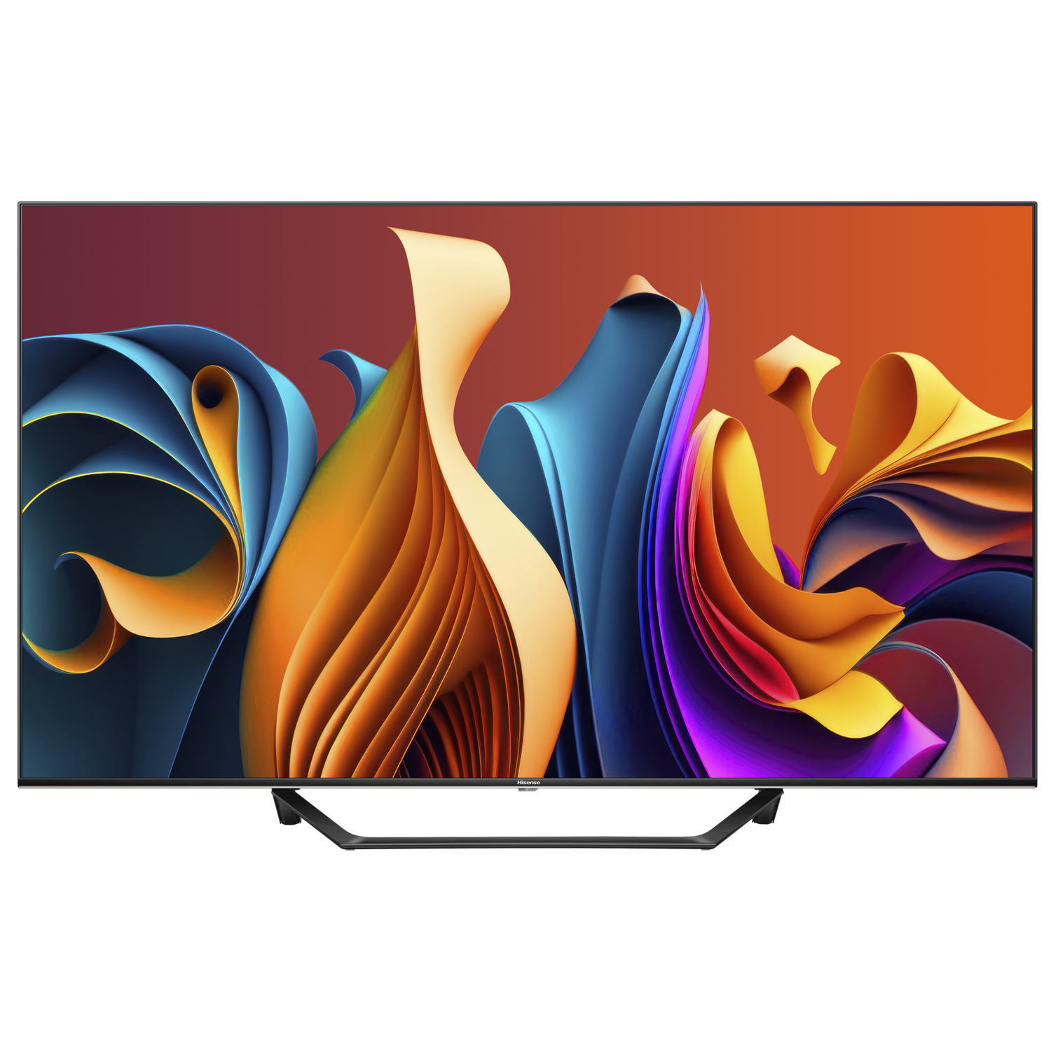 Hisense TV met een kleurrijke, abstracte kunstweergave. De tv staat op een zwart oppervlak.