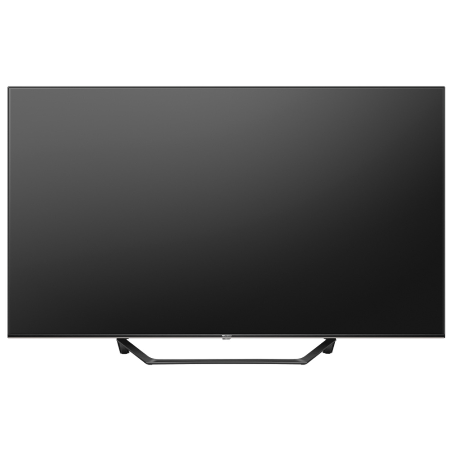 Een groot zwart tv-scherm met een zwarte standaard, op een witte achtergrond. Het scherm is uit.