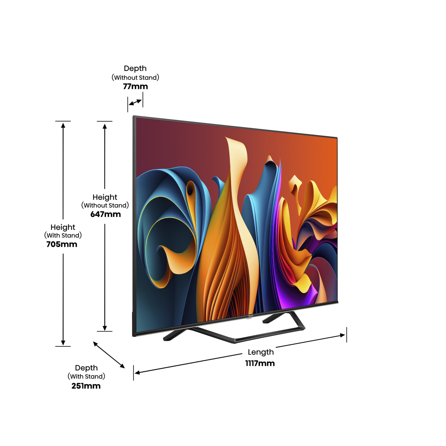 Een tv met afmetingen en maten, met een abstracte kleurrijke achtergrond.