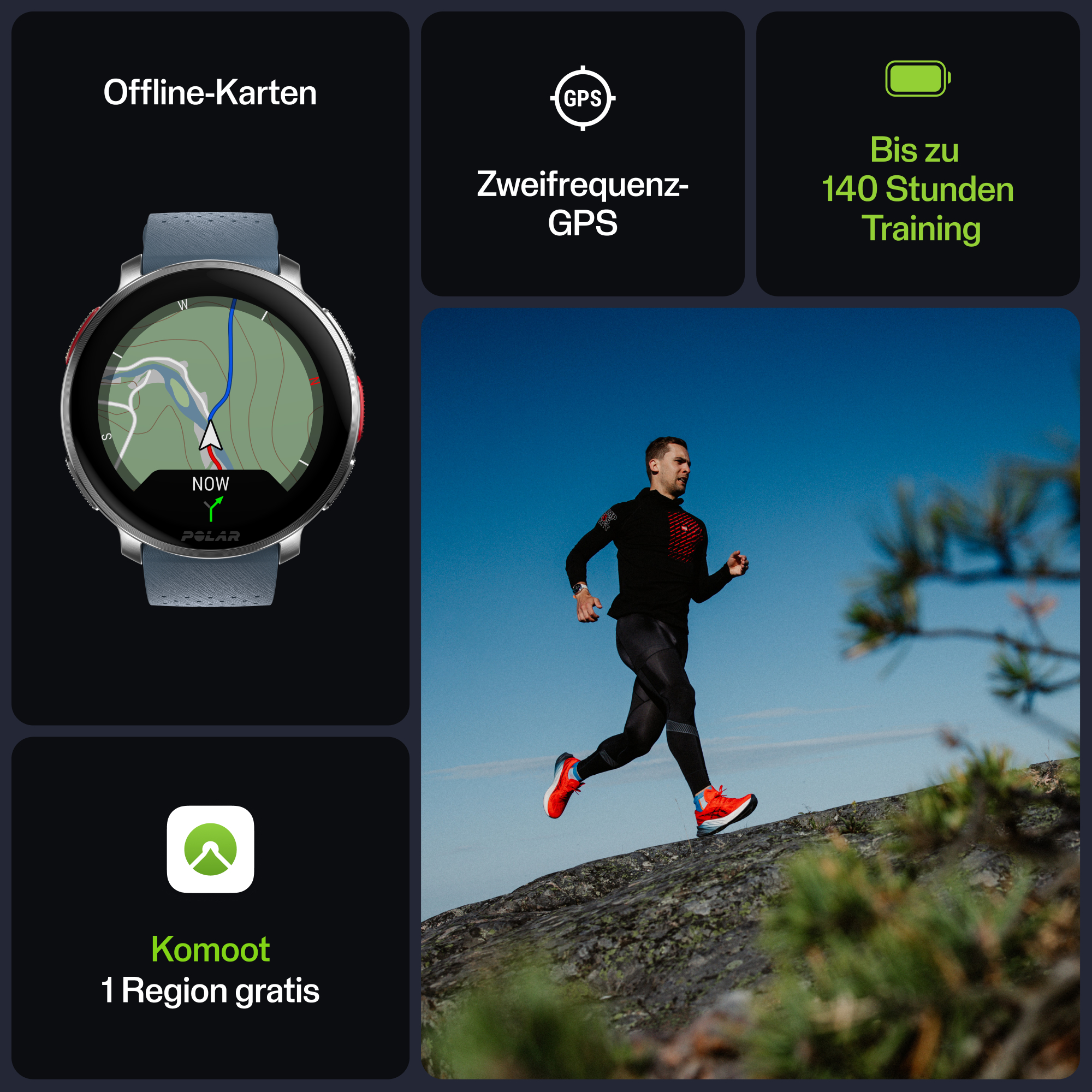 Smartwatch mit Kartenanzeige, laufendem Mann und Symbolen, weißer Hintergrund.