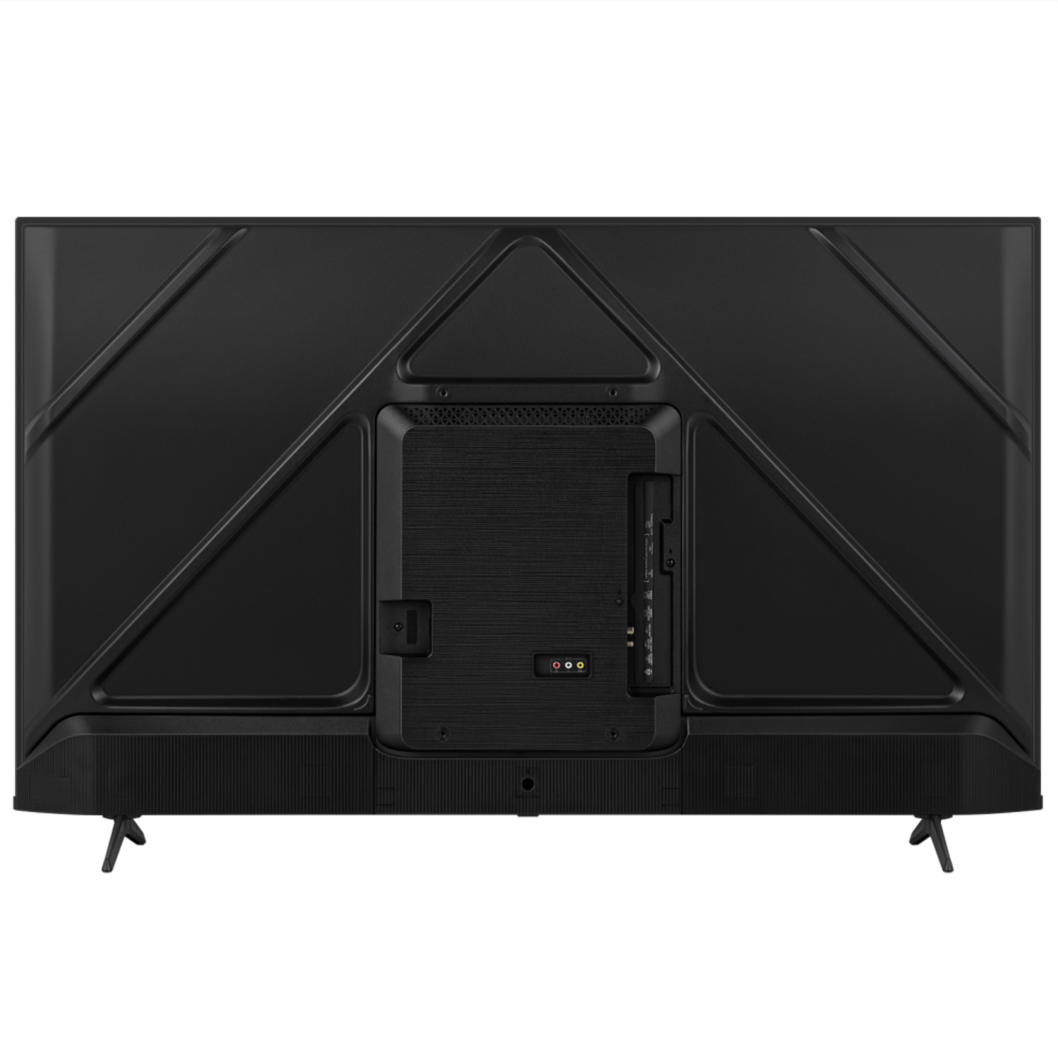 Dos d'une TV noire. Montre les ports et les connexions. Support noir.