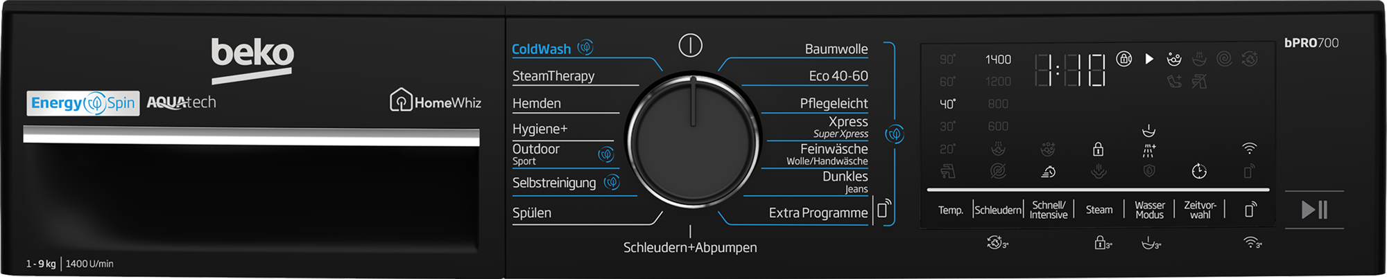 Schwarzes Waschmaschinen-Bedienfeld mit verschiedenen Programmoptionen. Schwarzer Hintergrund.