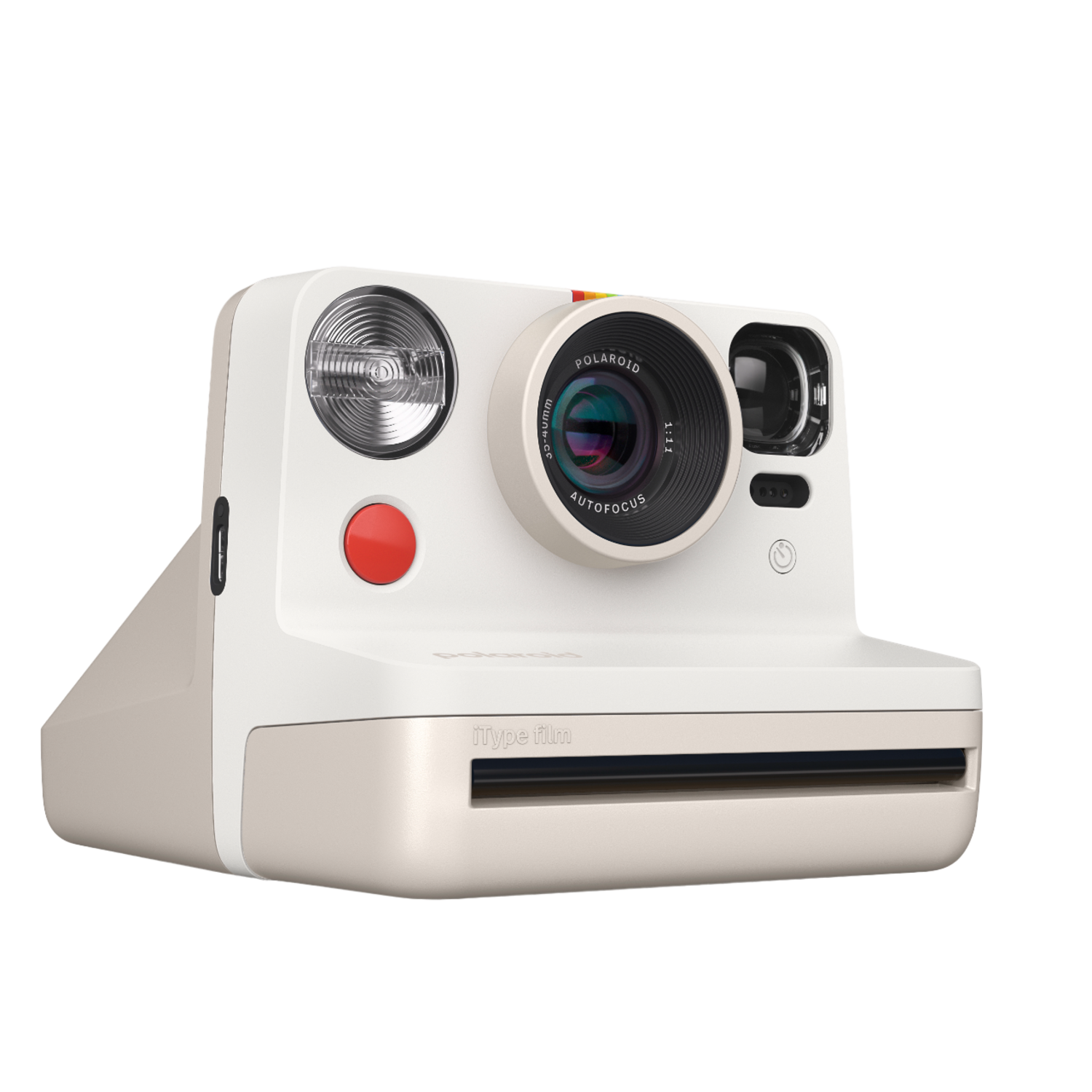 Polaroid camera, white body, red button, and a lens, set on a white background.