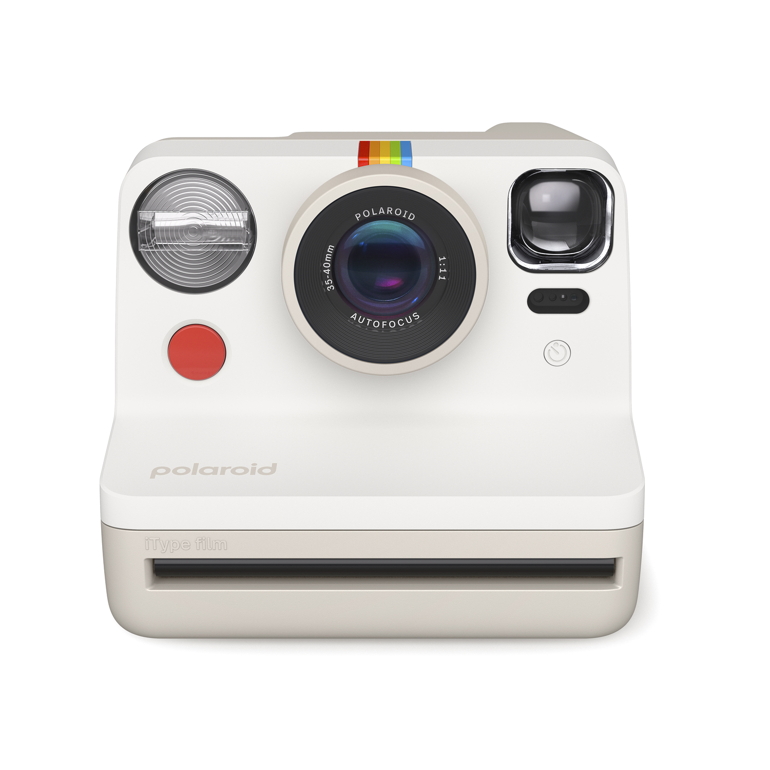 White Polaroid camera with color stripe, a black lens, and a red button. White background.