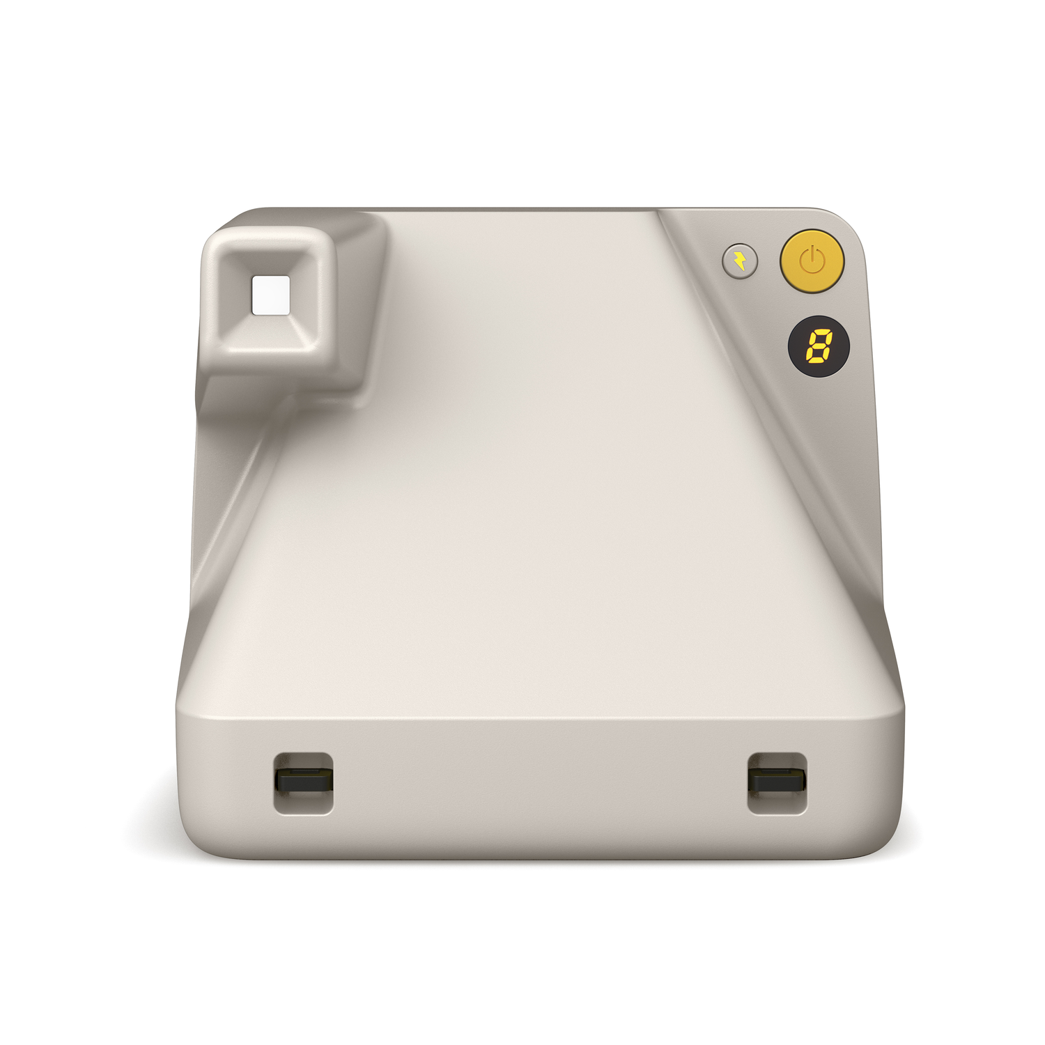A cream instant camera with yellow power and counter buttons. The counter displays the number 8.