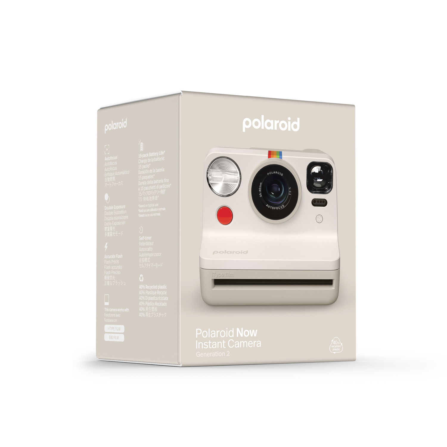 Polaroid camera on a box, with text and details.