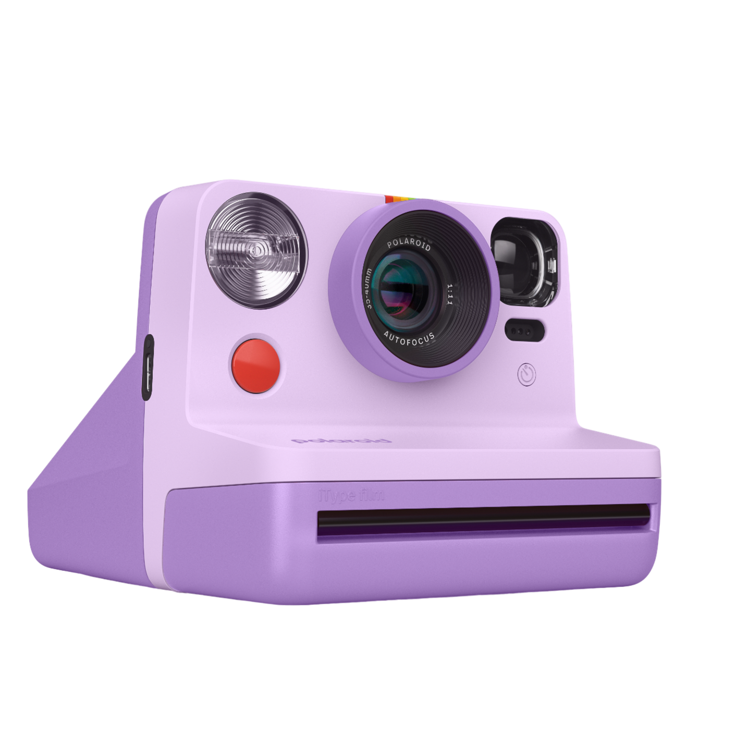 A lavender and white Polaroid camera with a red button, flash, and lens on a black background.