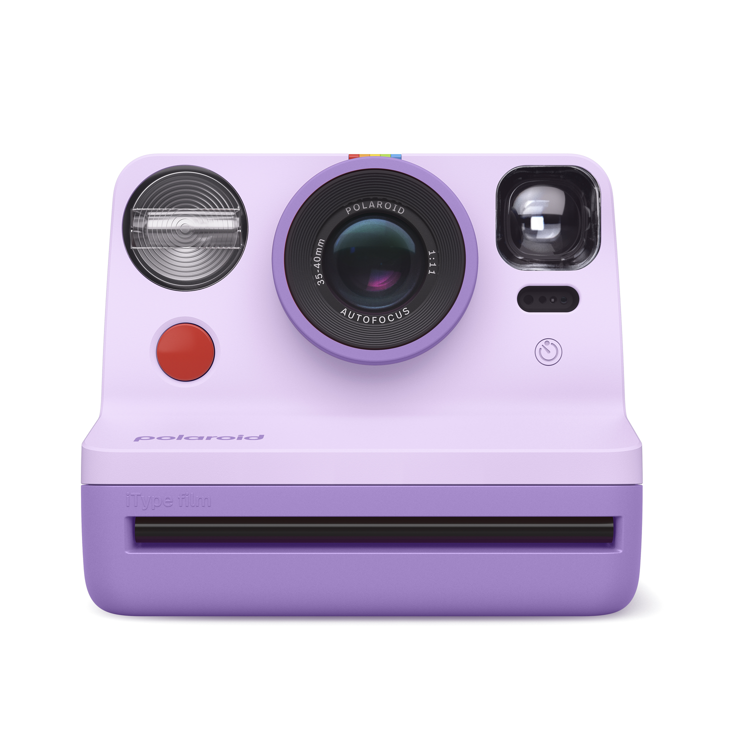 A lavender Polaroid camera with a red button and a black lens, on white background.