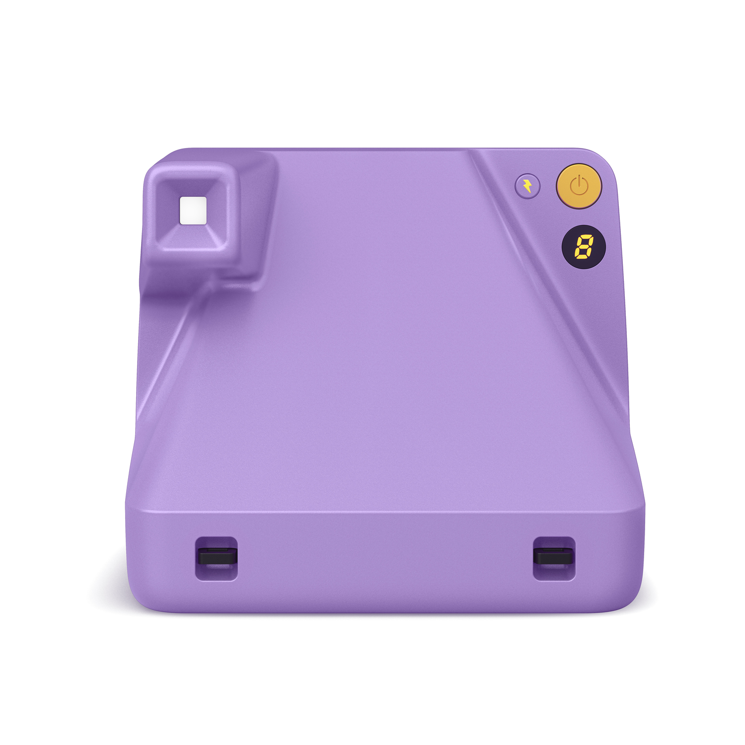 A purple instant camera with a yellow button and display screen. White background.