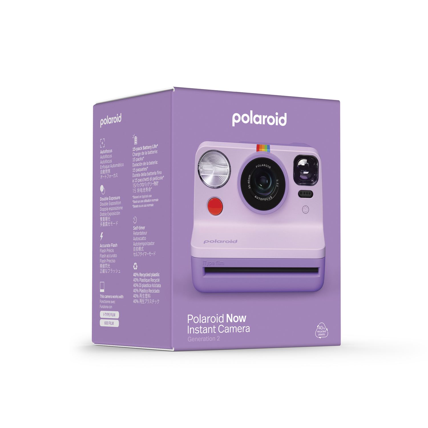 A pink Polaroid camera is in a box. The box has text in multiple languages and the Polaroid logo.