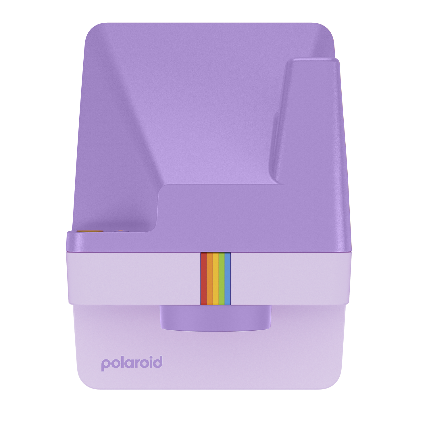 A purple Polaroid camera with a rainbow stripe.