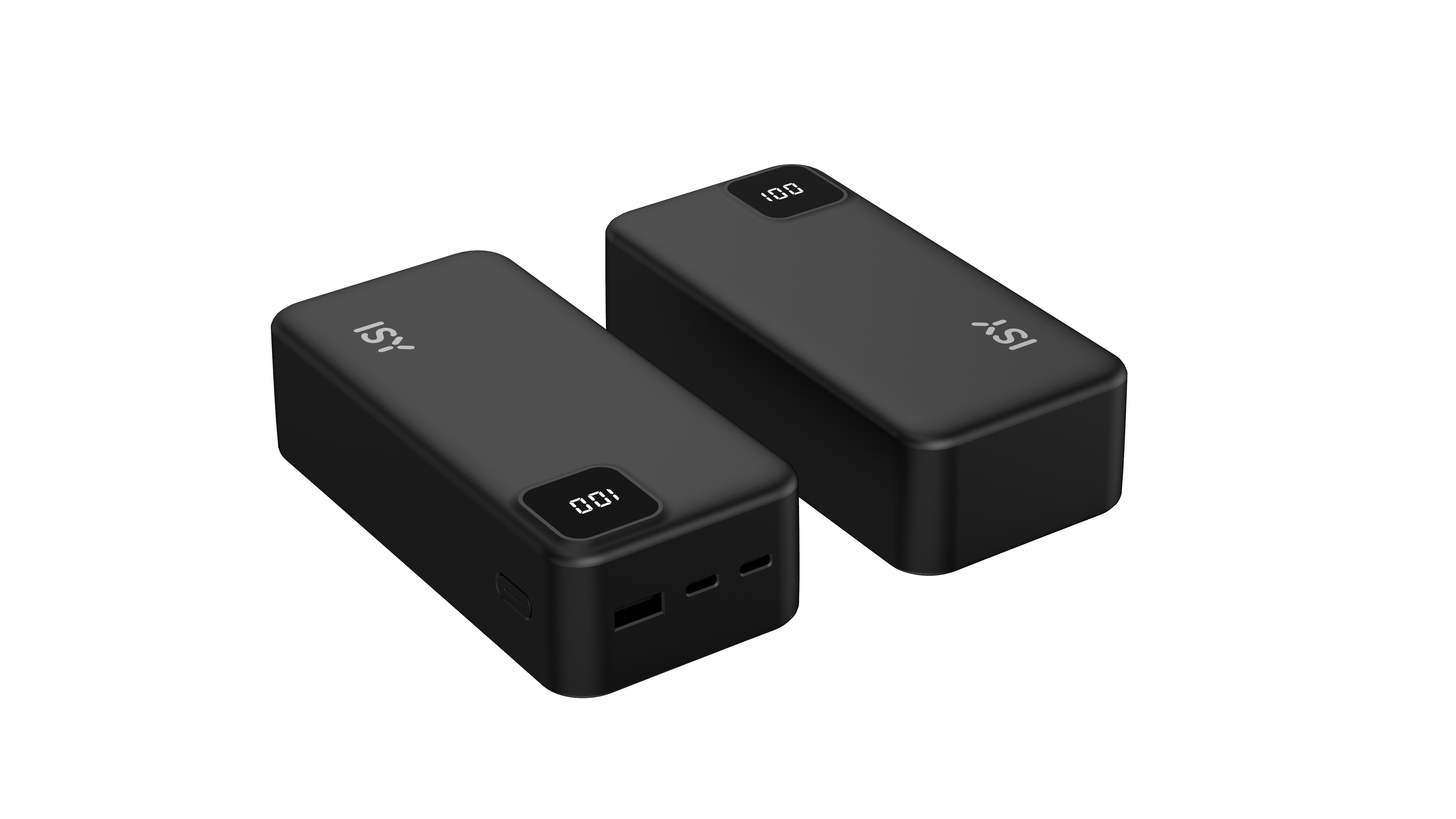 Zwei schwarze Powerbanks mit Digitalanzeigen, die 100 anzeigen. Sie liegen nebeneinander auf einer Oberfläche.