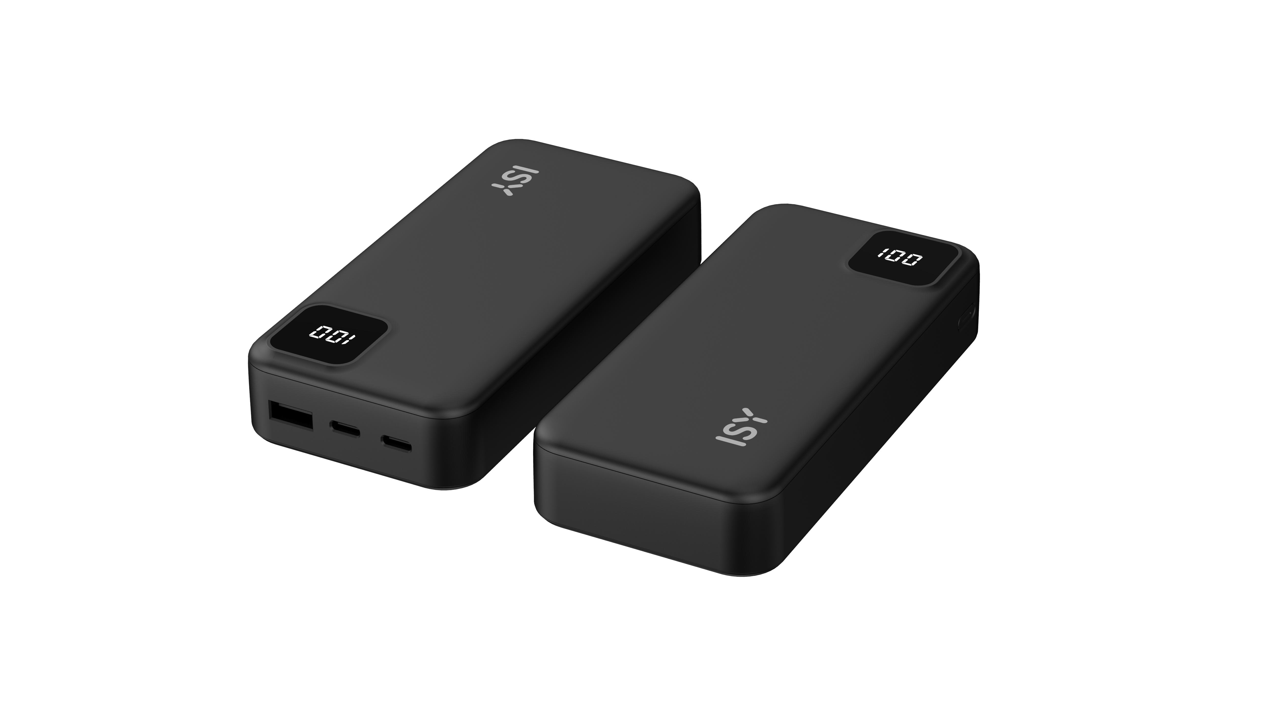 Zwei schwarze Powerbanks mit Digitalanzeigen, die 001 und 100 anzeigen, auf weißem Grund.