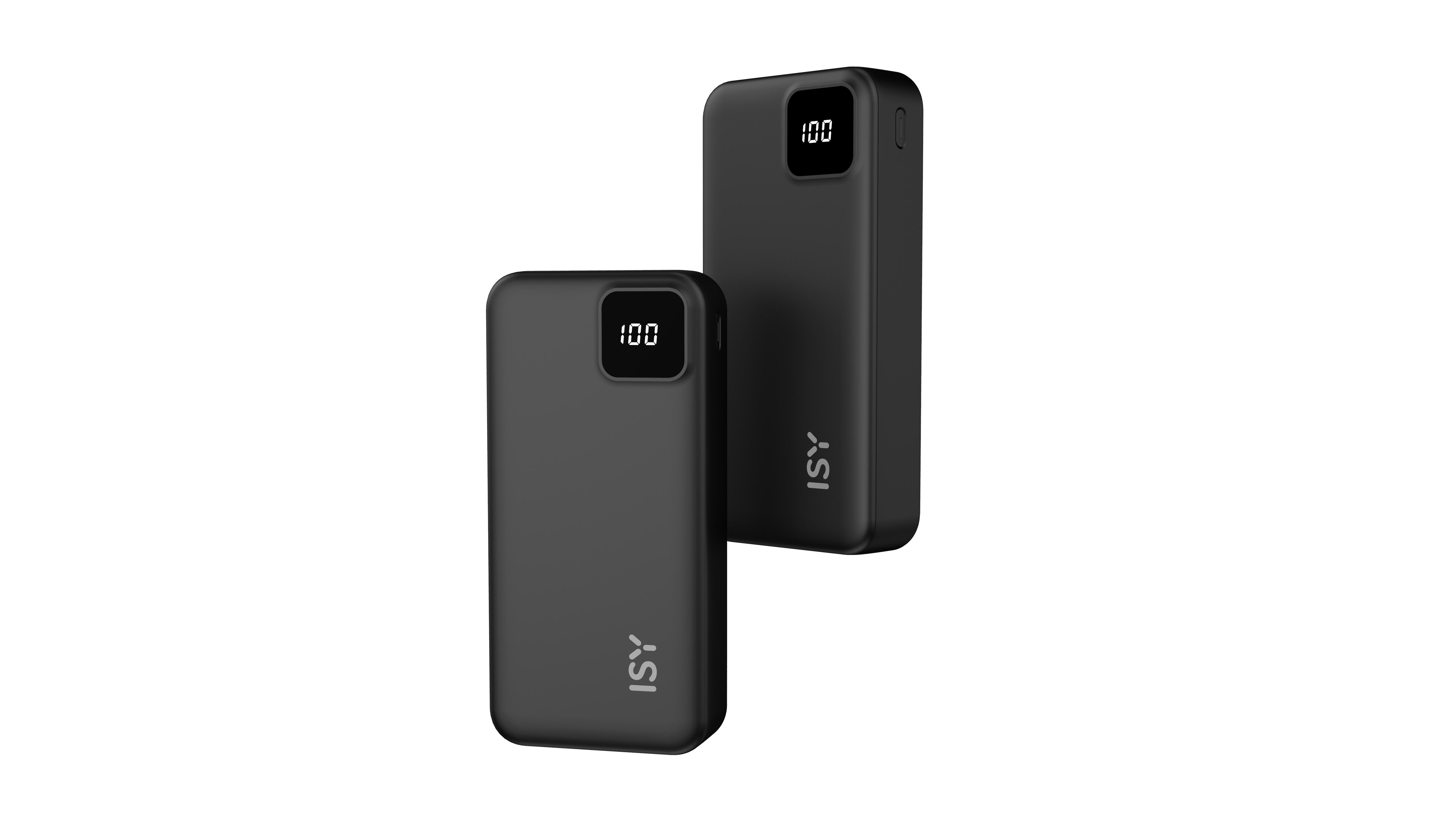 Zwei schwarze Powerbanks mit Digitalanzeigen, die 100% anzeigen, vor weißem Hintergrund.