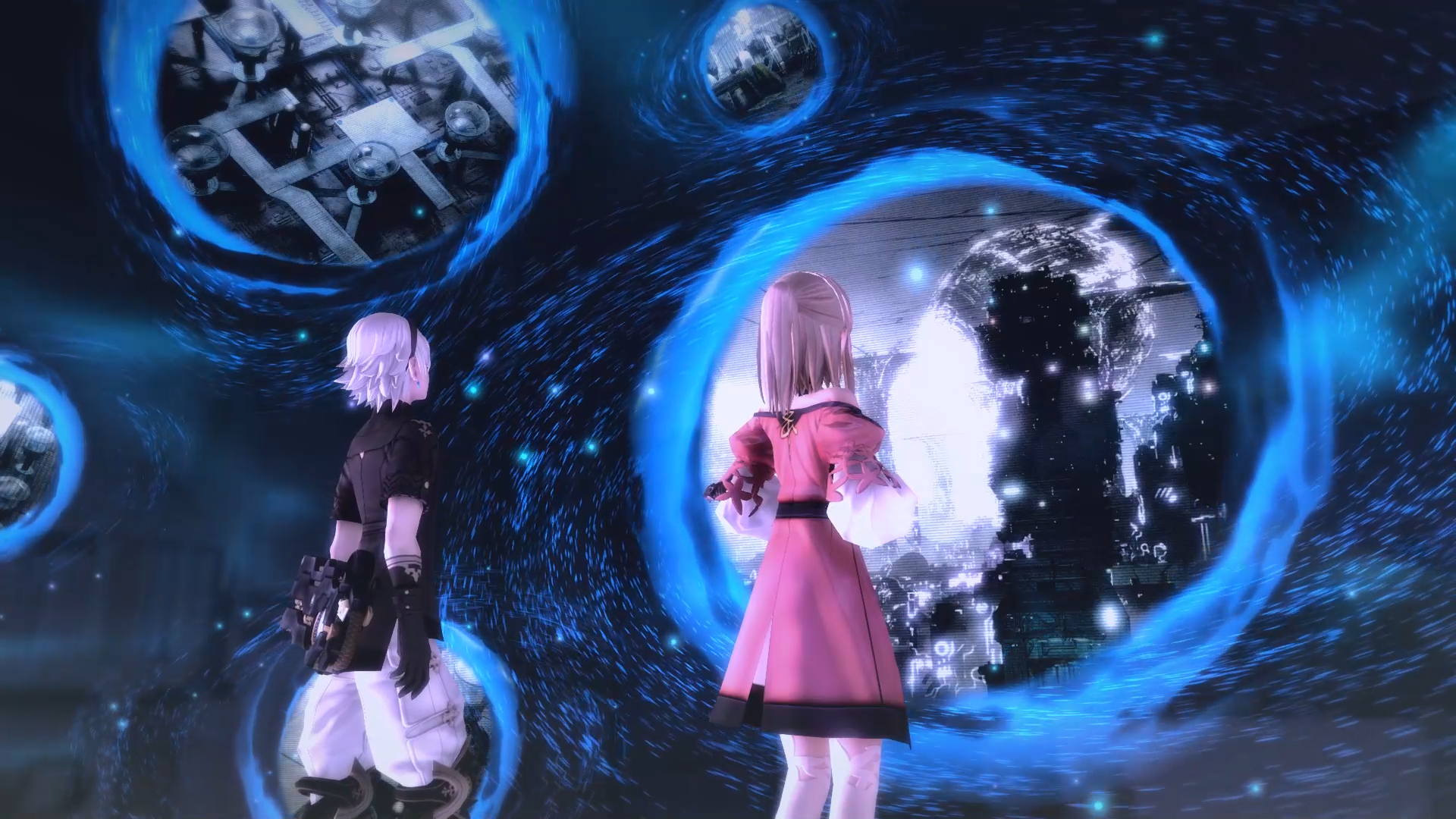 Zwei Anime-Figuren blicken in blaue Portale in futuristischer Umgebung. Hintergrund: Stadtlichter.