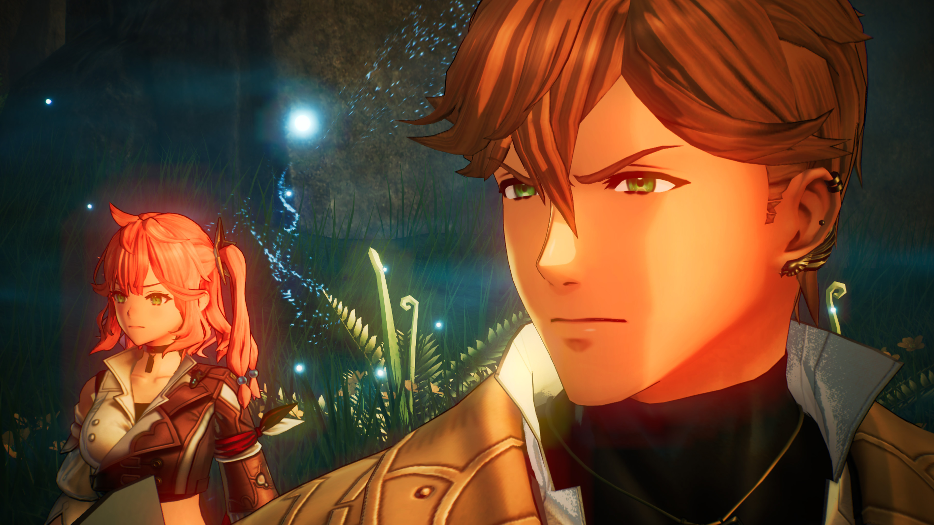 Zwei Anime-Charaktere, ein Mann und eine Frau, schauen nach vorne. Sie sind in einem Wald.
