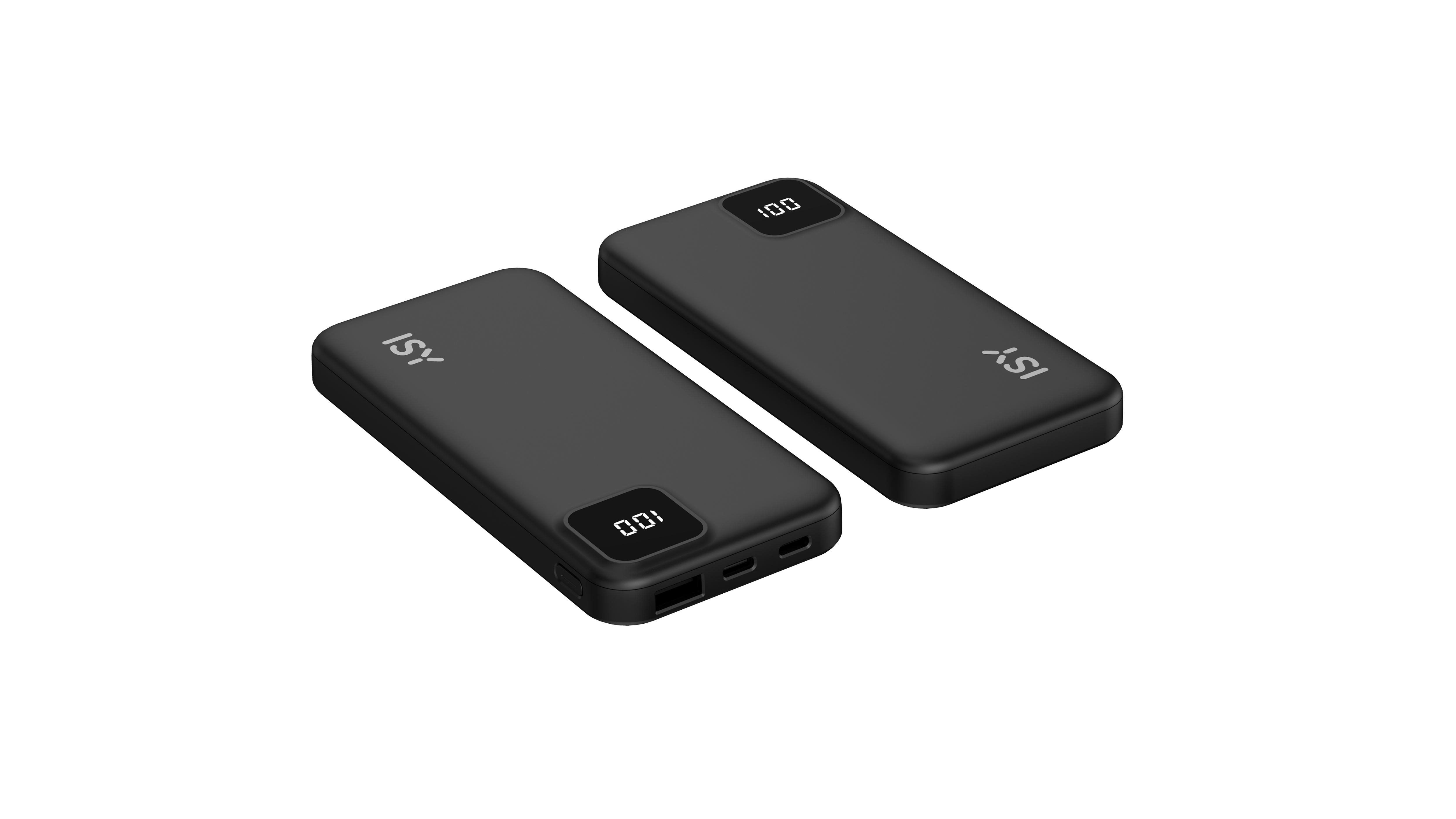 Zwei schwarze Powerbanks mit Display. Eine zeigt 100. Der Hintergrund ist weiß.