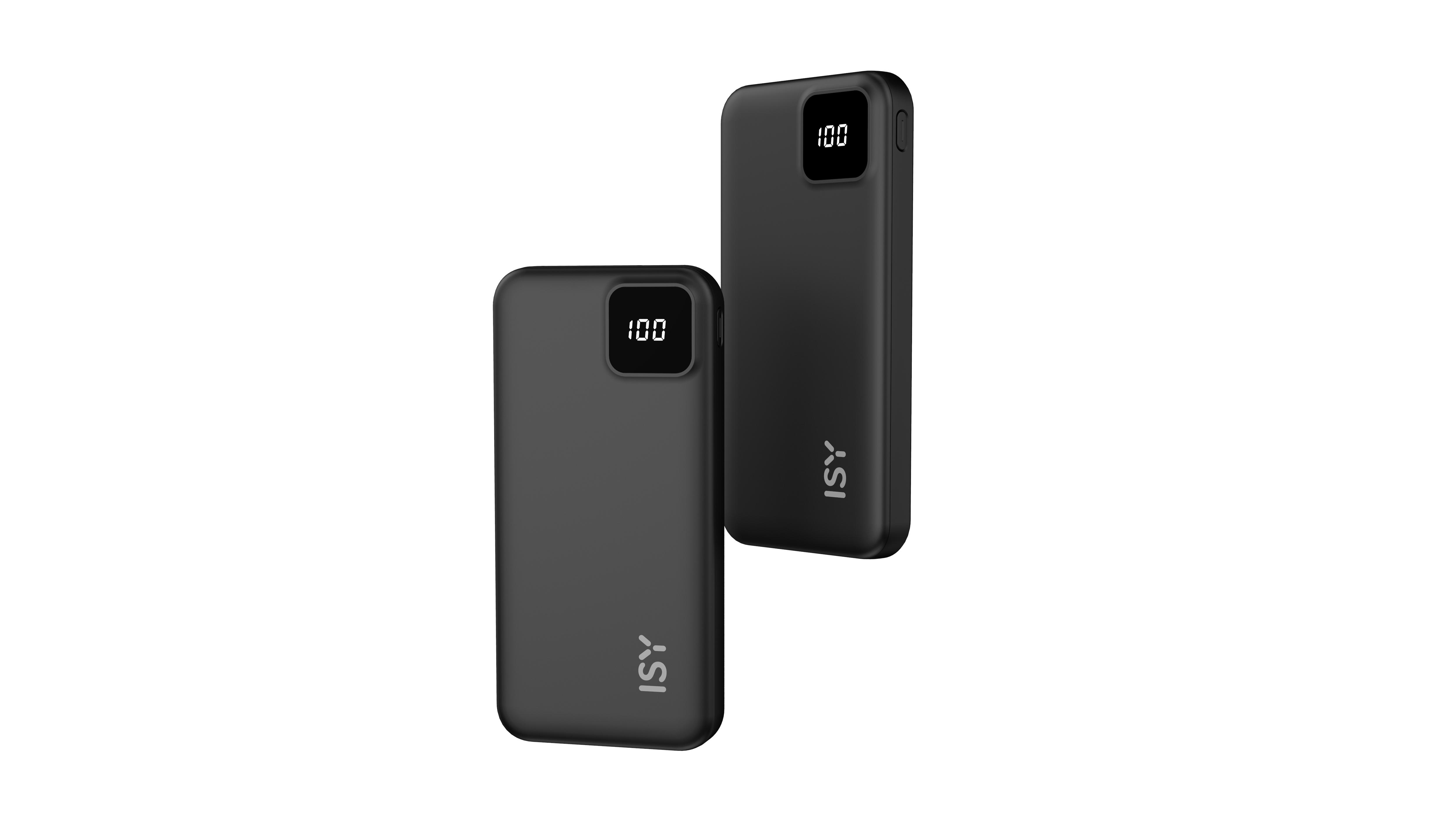 Zwei schwarze Powerbanks mit Digitalanzeigen, die 100 % Ladung anzeigen.