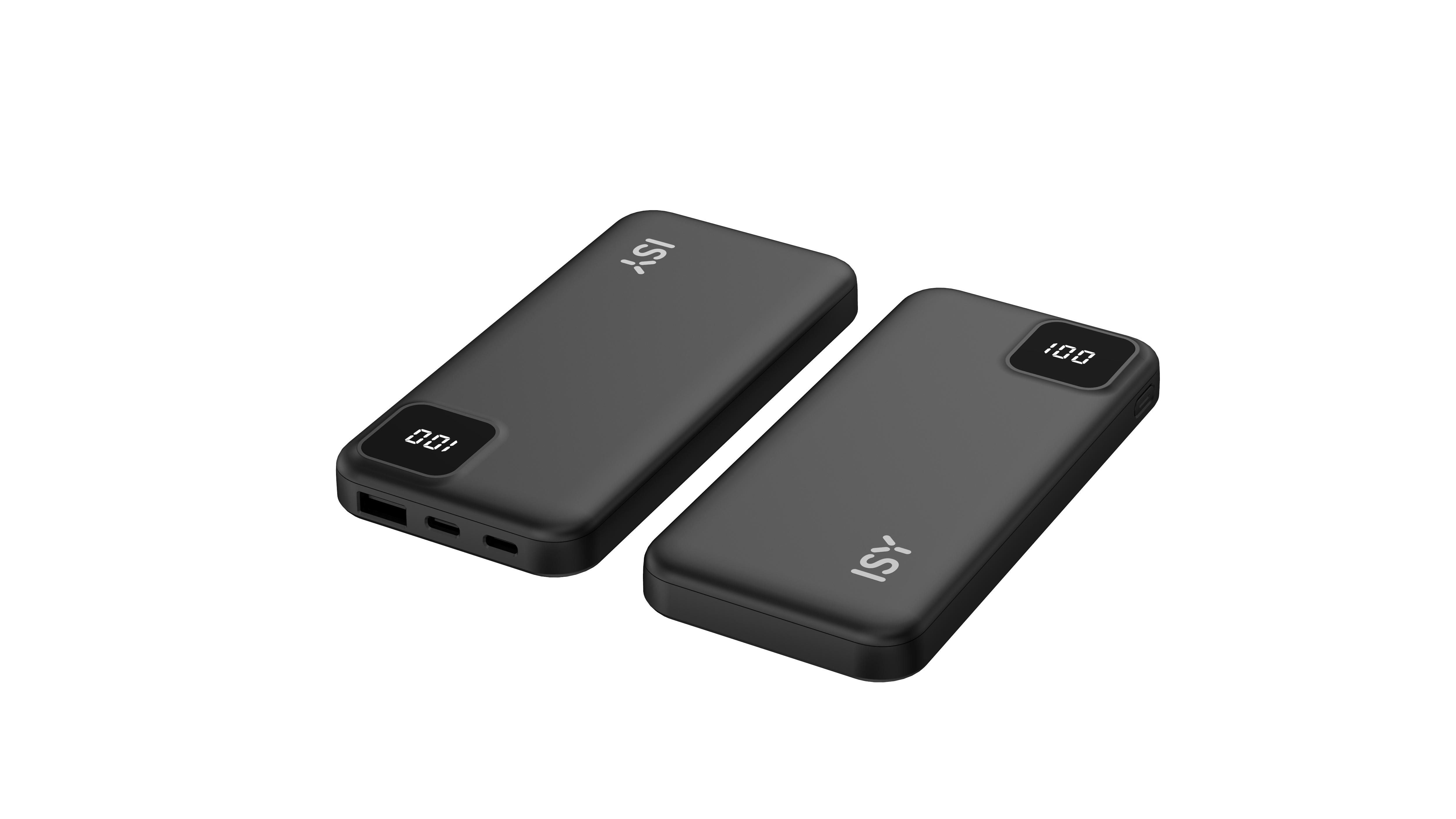 Zwei schwarze Powerbanks mit Digitalanzeigen, die den Akkustand anzeigen.