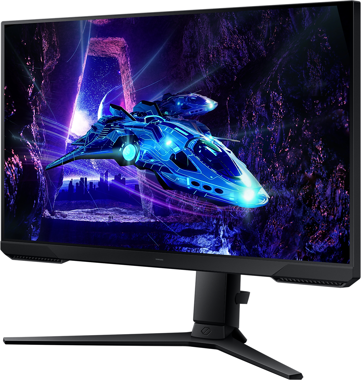 A monitor egy űrhajót jelenít meg egy futurisztikus jelenetben.