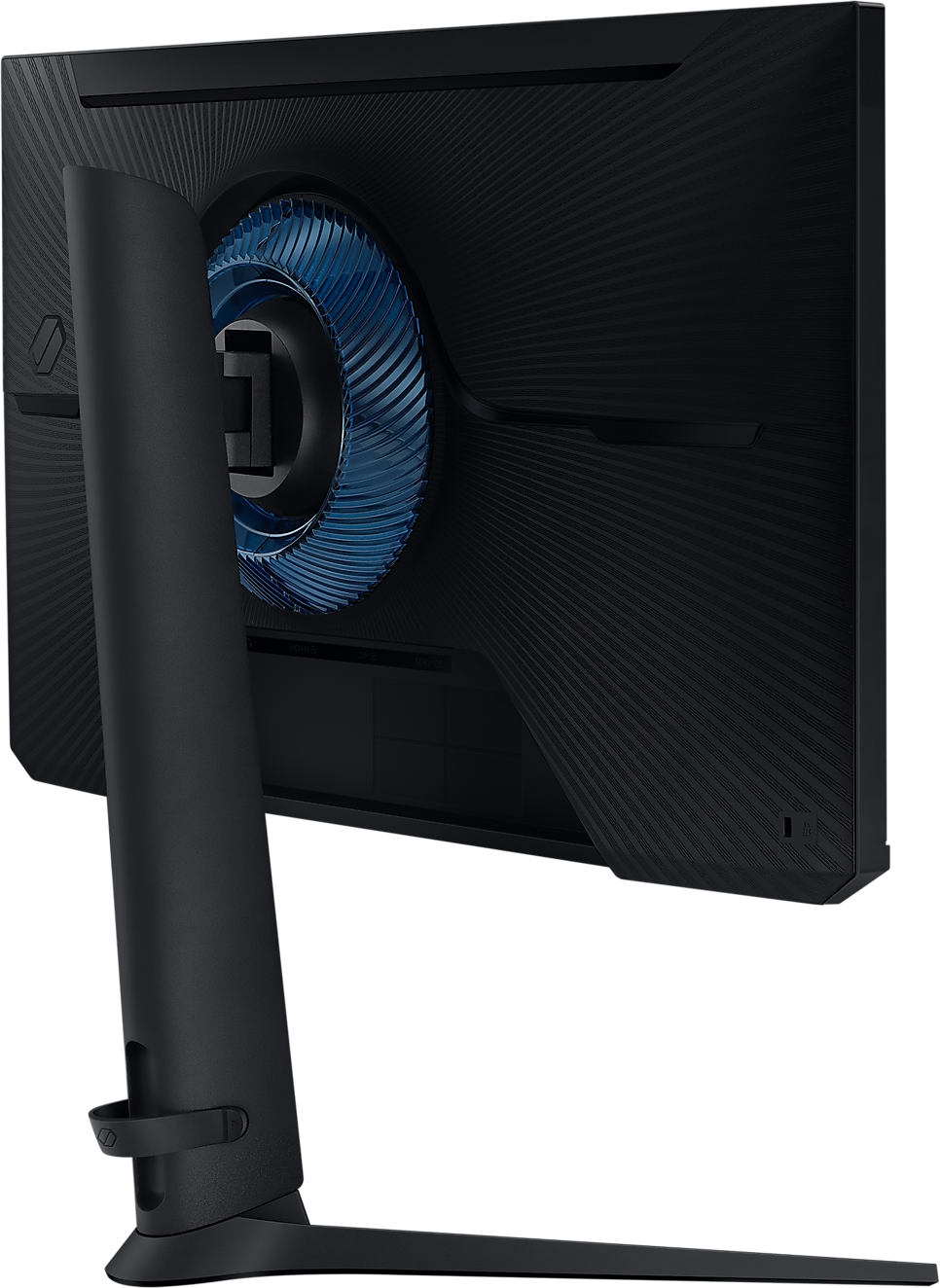 Egy fekete monitor hátulja, kék design látható, a Samsung logóval és állvánnyal. Fekete háttér.