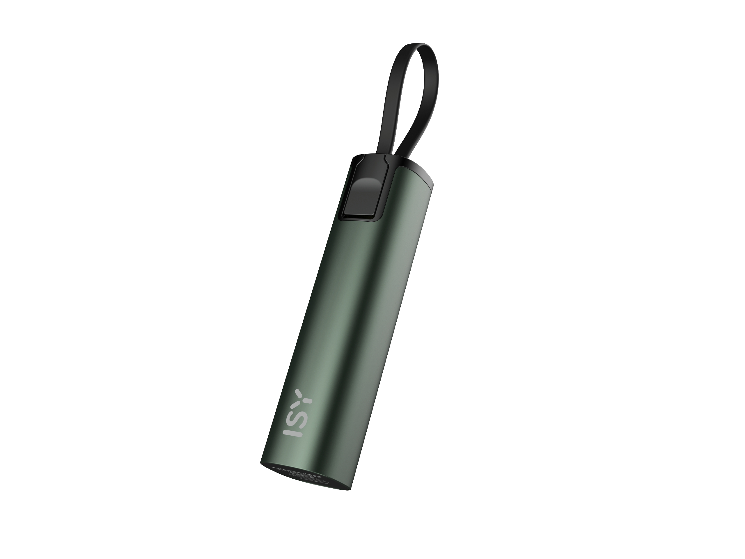 Grüne zylindrische Powerbank mit schwarzem Riemen.