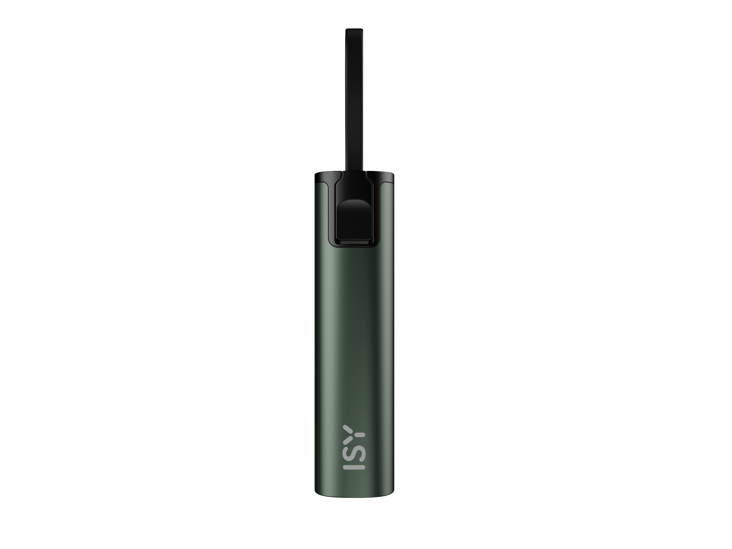Eine grüne zylindrische Powerbank mit einem schwarzen Griff.